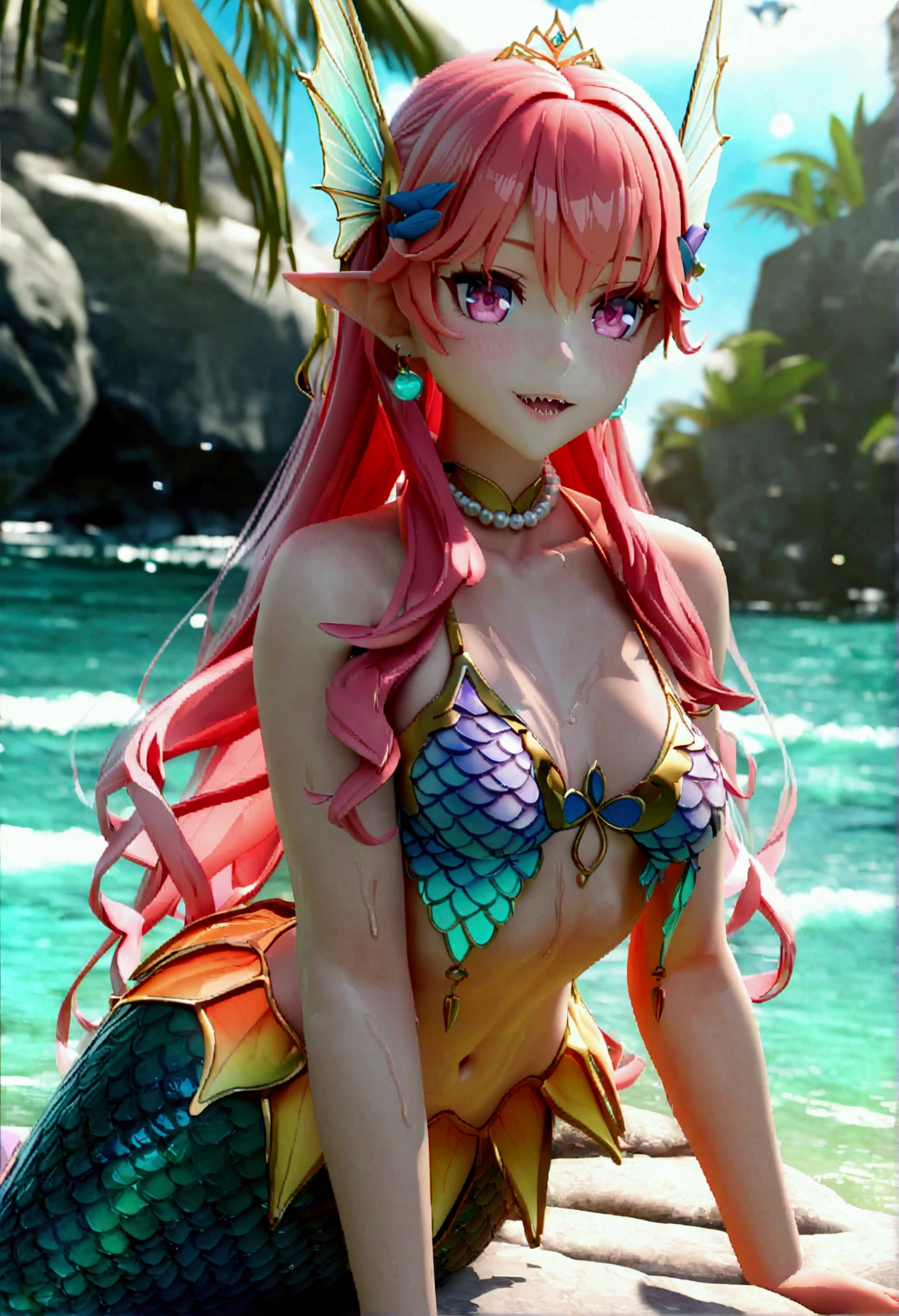 (best quality,4k,8k,highres,masterpiece:1.2),ultra-detailed, 3D anime style, MMD, Pretty princess magically transformed into a beautiful mermaid, race swap, fantastic transformation, fish like, her whole body is wet with water dripping down from her, long mermaid tail with shimmering red scales, her long ears look like fins, very long twintails red hair that’s drenched in water, sharp teeth, she’s smiling, pink eyes, small breast, long pelvic fins, a translucent wing fins on her back, pair of fish gills on her torso, she wears a shell bikini top, starfish hair clips, pearl earrings and bracelets, pearl necklace, hair ribbons, gold tiara, red manicured nails, eye-catching accessories,beautifully detailed lips, touching her mermaid tail, sitting on a rock, sandy beach, ocean waves,sparkling water,coconut trees,seagulls,coral reef,vibrant colors,magical glow,shimmering scales,sea breeze,warm sunlight,joyful expression,island paradise,lush tropical plants,dynamic composition,soft and smooth lines,expressive facial features,gentle water reflections,serene atmosphere.