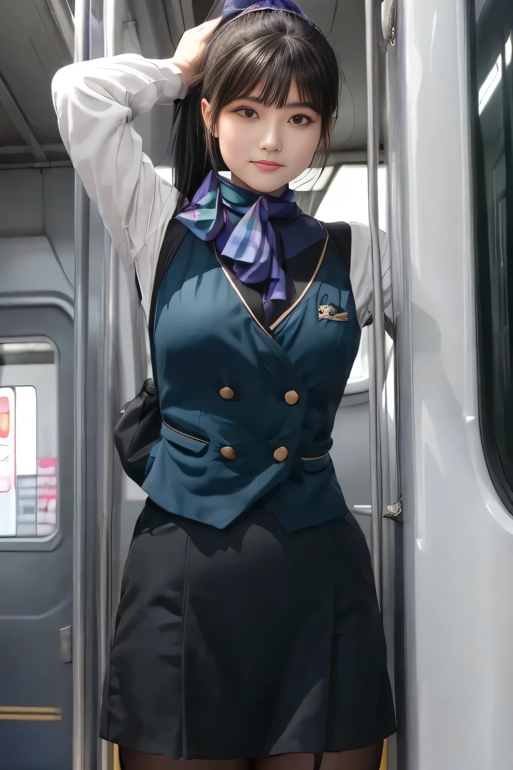 (masterpiece:1.2, Best Quality:1.2), 32K HDR,  High Resolution , (Alone、 1 girl)、（on board、 professional lighting）、In-flight background、（Nankai Train crew uniformを着たリアルスタイル）、（（ Nankai Train Crew Uniform Collarless Blouse Long Sleeve 、  Black Curled Culottes Skirt 、Scarf around the neck））、Dark brown hair、（Long Hair、Hair tied up、Hair tied up）、Dark brown hair、 LONG SHOT 、Big Breasts、Thin legs、（（Great hands：2.0）），（（ Harmonious Body Proportions：1.5）），（（Normal limbs：2.0）），（（Normal finger：2.0）），（（Delicate eyes：2.0）），（（Normal eyes：2.0））)、smile、（Nankai Train crew uniformを見せた美しい姿）、Hands clasped underneath 