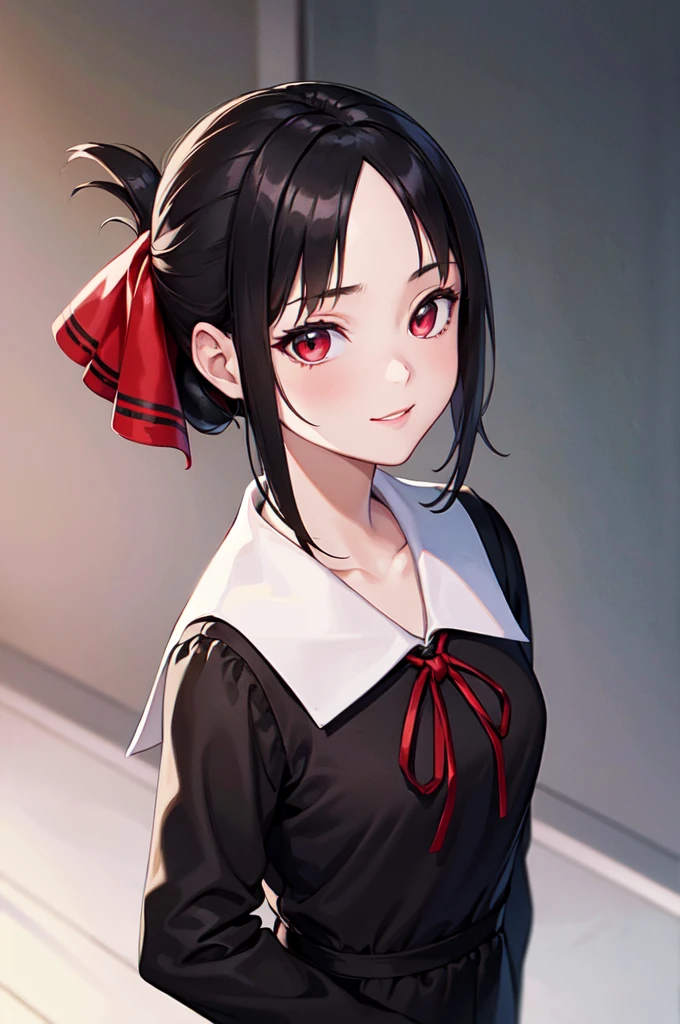 (masterpiece), best quality, expressive eyes, perfect face, highres, 1girl, solo, aakaguya, short hair, folded ponytail, hair ribbon, parted bangs, neck ribbon, red ribbon, black dress, black shirt, long sleeves, black sleeves, schoolyard, smiling, standing, upper body portrait, looking at the viewer