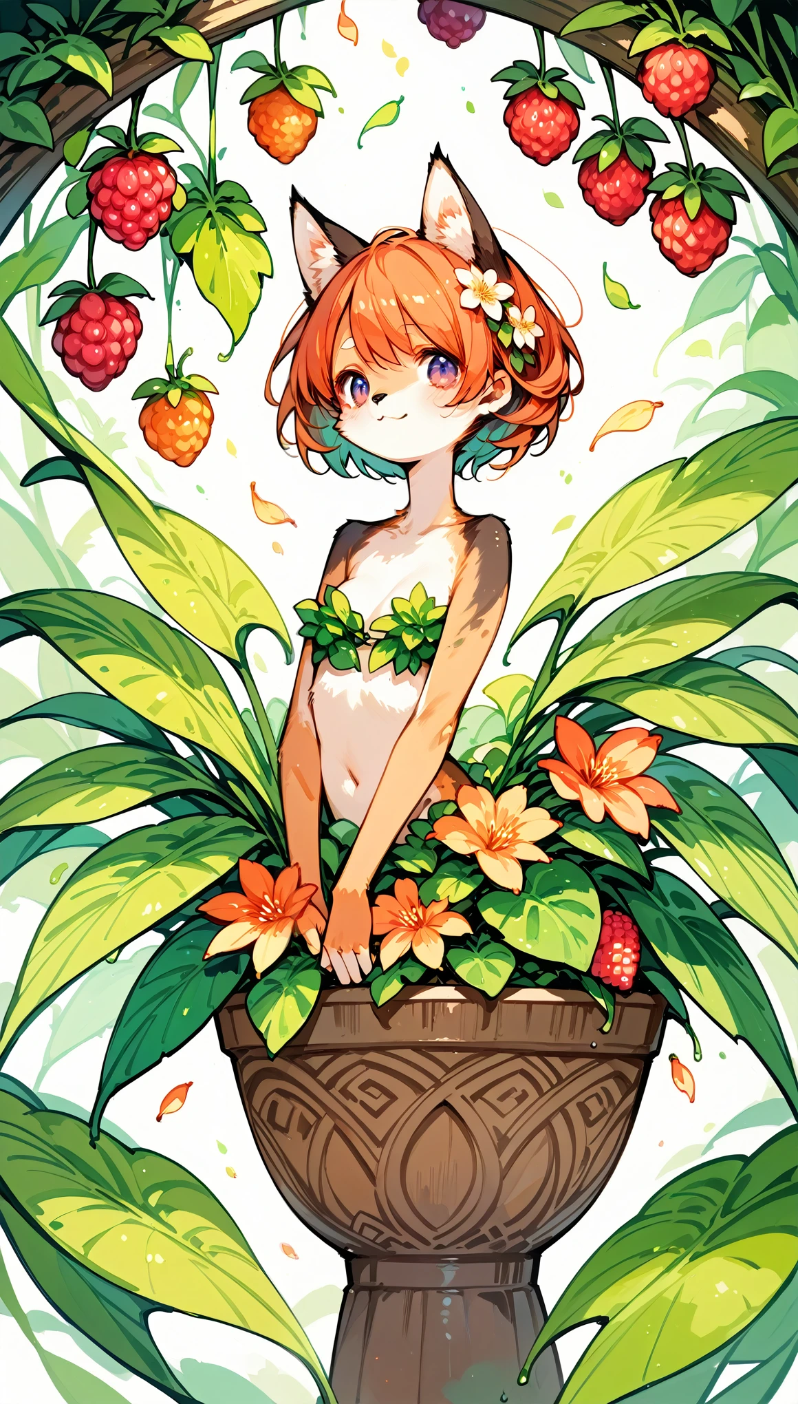 a young girl 15 ,, short wavy hair, platinum pink hair, iridescent eyes, very thin body , very small breasts, Wide hips, small waist , shining lips , (naked), , very small young woman and thin , on a peach branch, wreath made of cherry branches , surrounded by peach blossoms , flirtatious smile, eating a peach with semen