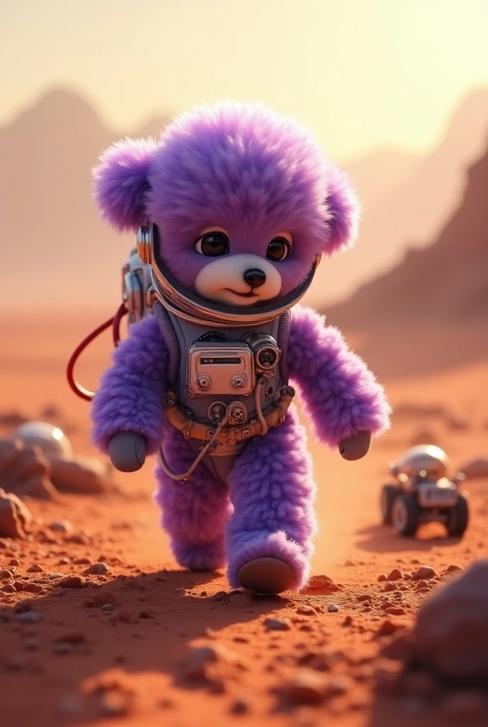 a beautiful girl (aubrey plaza) in a 60s sci-fi styled spacesuit, sexy silver space swimsuit, bubble helmet, fancy electronic tools, being guarded by her (brown bear cyborg companion, blinking lights, mechanical components) in a bubble helmet, on an alien world, 8k, extremely detailed, photorealistic, cinematic lighting, vibrant colors, concept art style
