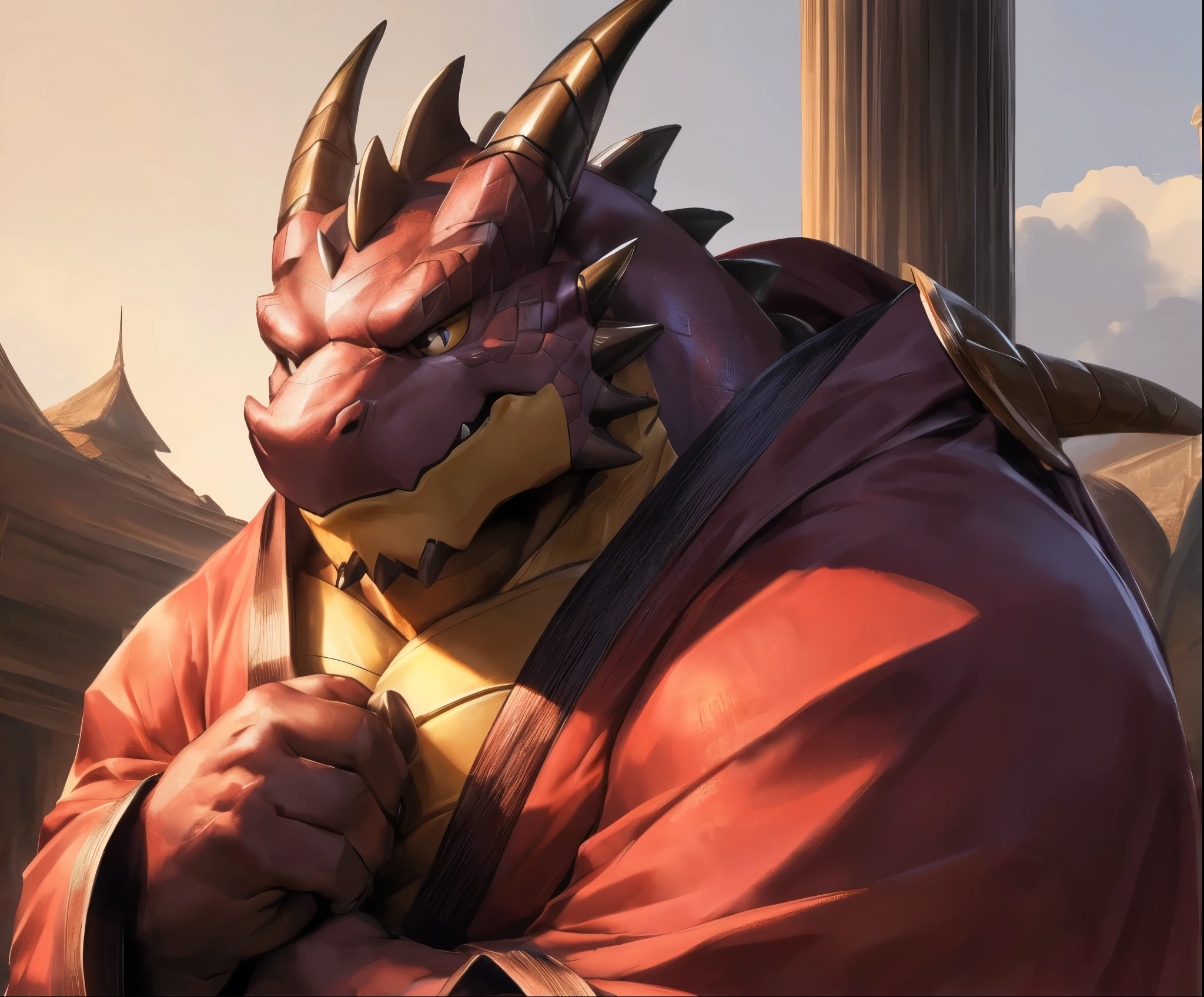 human nature , Cannon , Male, Lonely, (( the strong ,good-looking)), (dragon),((Traditional knight's robe,西方dragondragon角)), standing, hand in hand cross , high quality , (4K, high quality , High resolution , masterpiece), Front view (Close-up), Cartoon,by lindong