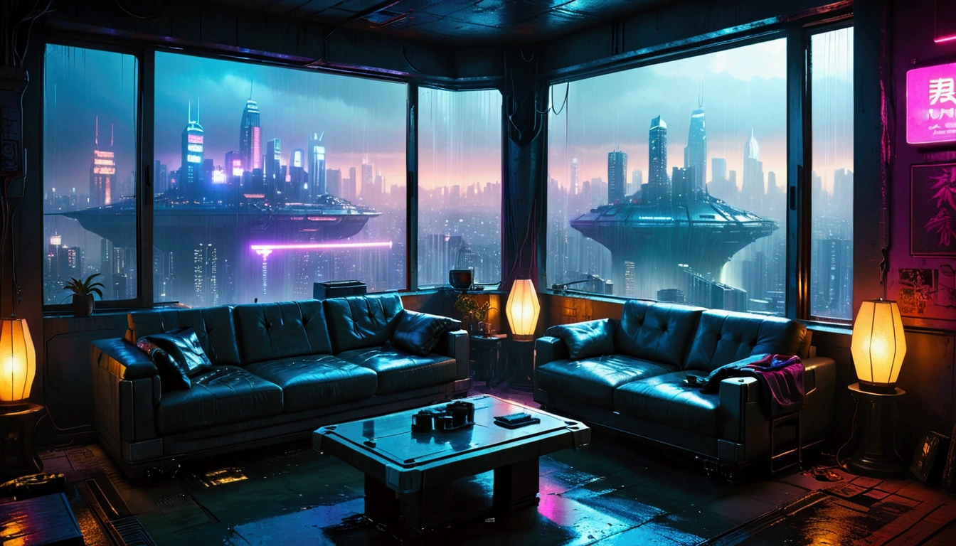  apartment there is a sofa and a table in a room with a view of a city, Cyberpunk setting, cyberpunk atmosphere, Cyberpunk dream landscape, vibes do blade runner, the cyberpunk apartment, Like a scene from Blade Runner, dirty cyberpunk city, dystopian city apartment, cyberpunk lights, Cyberpunk aesthetics, blade runner apartment, cyberpunk apartment, neon rainy Cyberpunk setting, cyberpunk climate