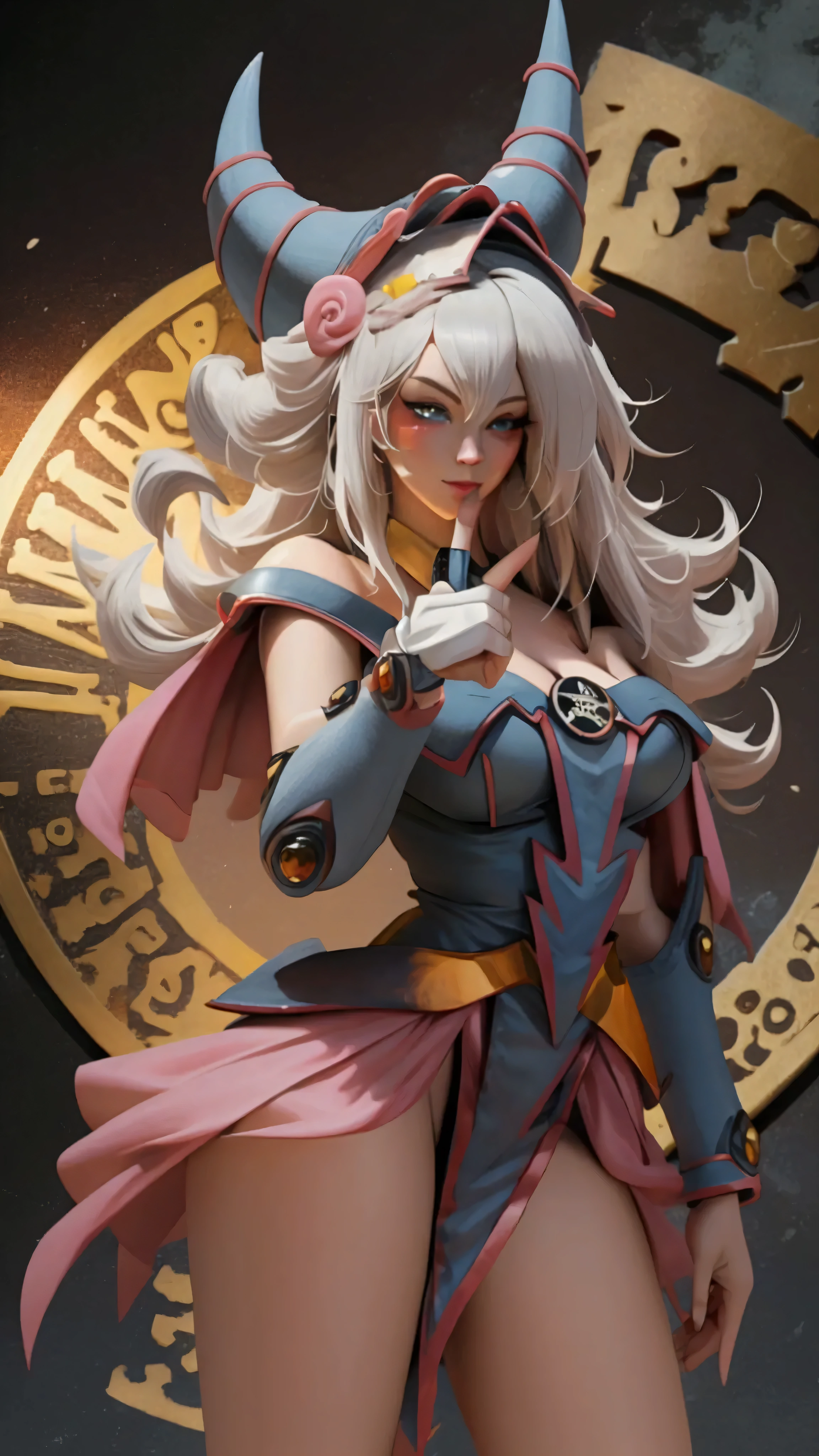 A 3D render of Helen with ethereal white hair flowing over her espionage uniform. She is depicted in a teasingly sensual pose. Her wolf-like ears stand tall as she seductively places a finger on her lips. Her sparkling blue eyes and skin-tight uniform emphasize her curvaceous figure. The "GT" mark on her shoulder and the "DAVY" logo in the top left corner add a comic-style touch. The ultra-realistic illustration is signed by DAVY.