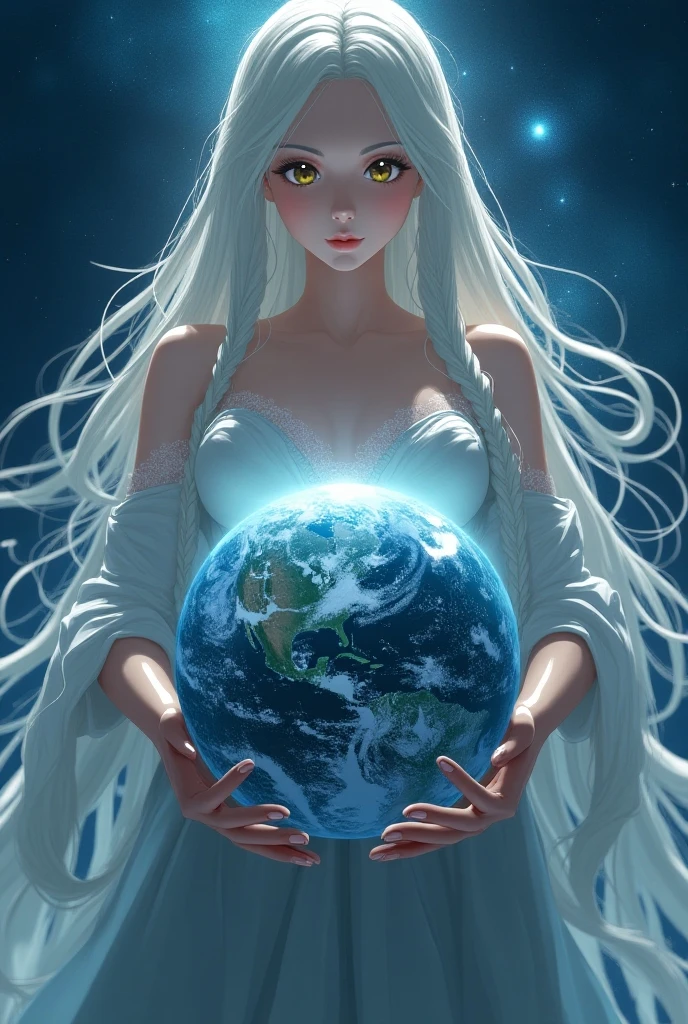 (tmasterpiece、Need、Ultra-delicate、A high resolution),1 Goddess,(Long blonde hair、Very large sagging breasts、A loving gaze、ssmile),background starry sky,planet earth,suns,themoon,galactic,Divine light,The characters exude holy light,offcial art,Extremely detailed,(The upper part of the body、Front lens)