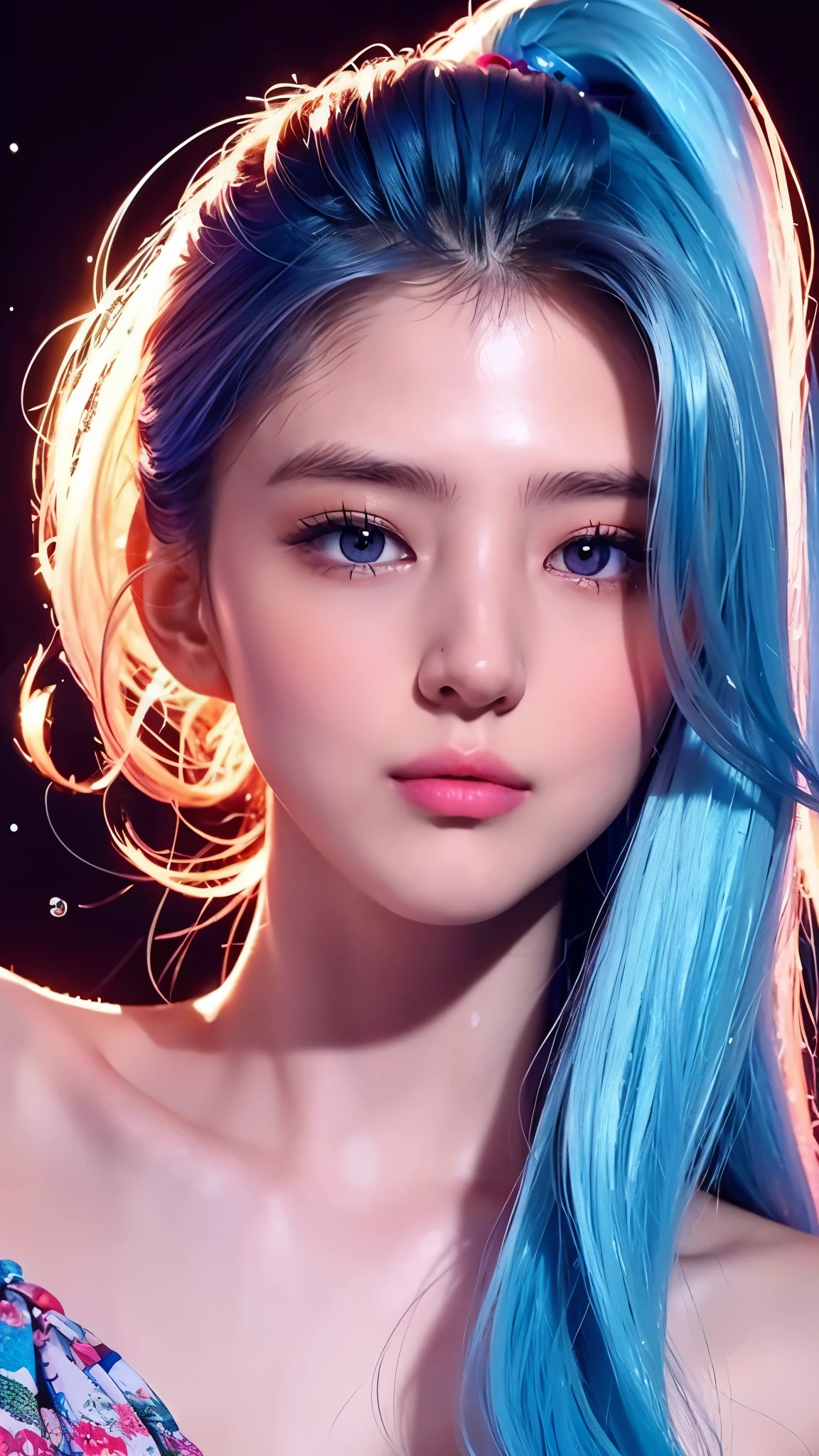 (masterpiece), (best quality), (ultra detailed),(disheed hair),(illustration), (1girl), (Fashionable clothing), standing, Fashion model, looking at viewer, (interview), (simple background), Beautiful detailed eyes, delicate beauty, floating, (high saturation), (colorful splash), colorful bubbles, (shine), focus on the face, ponytail, Ayaka Kamisato, light blue hair, bangs, scrunchies, floating flowers, flowing hair, (shiny), best lighting, best shadows, perfect hands