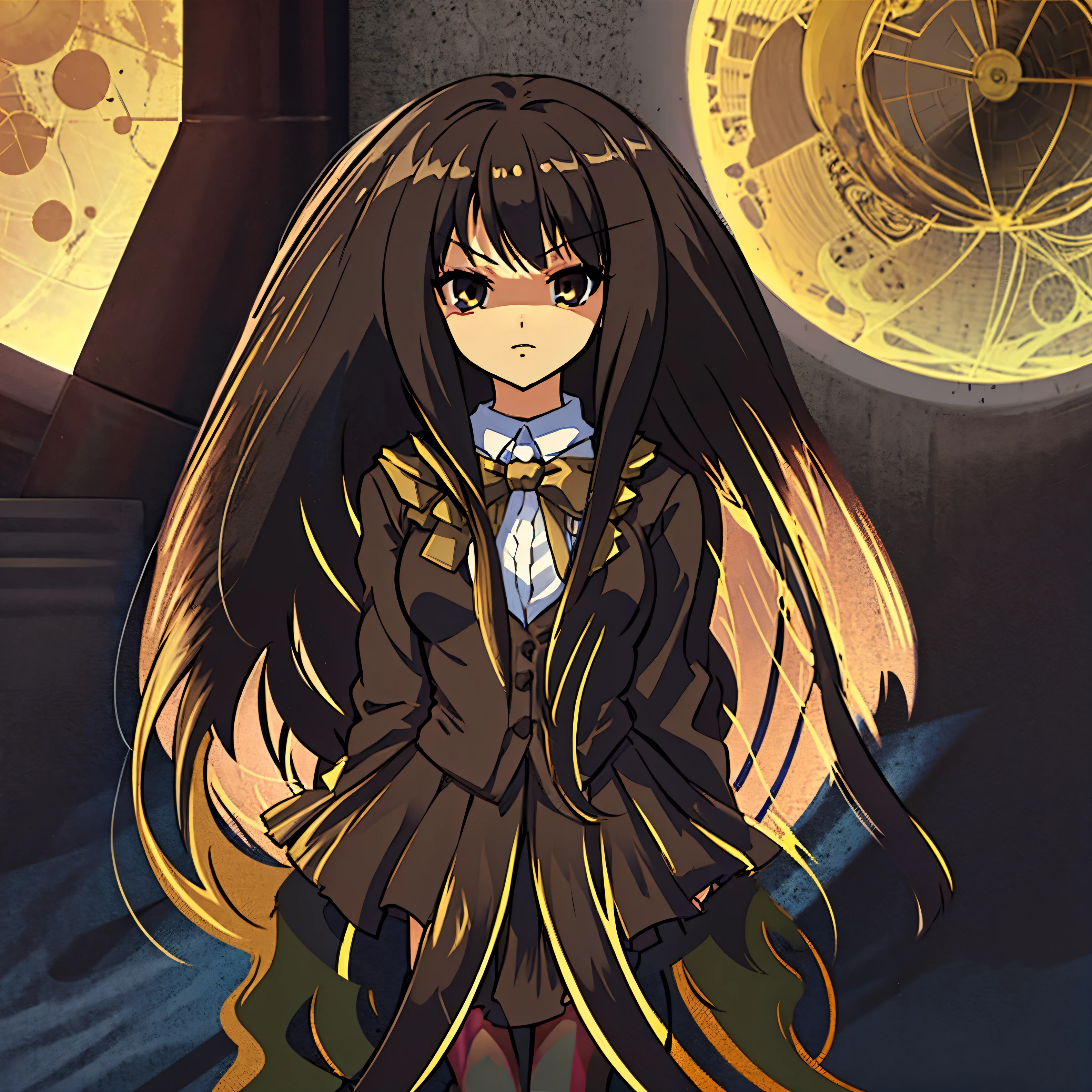 Beautiful girl, gorgeous long black hair, dark eyes, wearing a brown blazer, winter school uniform, dark brown ribbon, looking at the viewer with a stern expression on a moon night, anime style, intricate details, boldline:-2.5, hyper detailed, sharpen, 4k, plain, masterpiece, intense gaze, full eyelashes, black penny loafers, black stockings, black skirt,