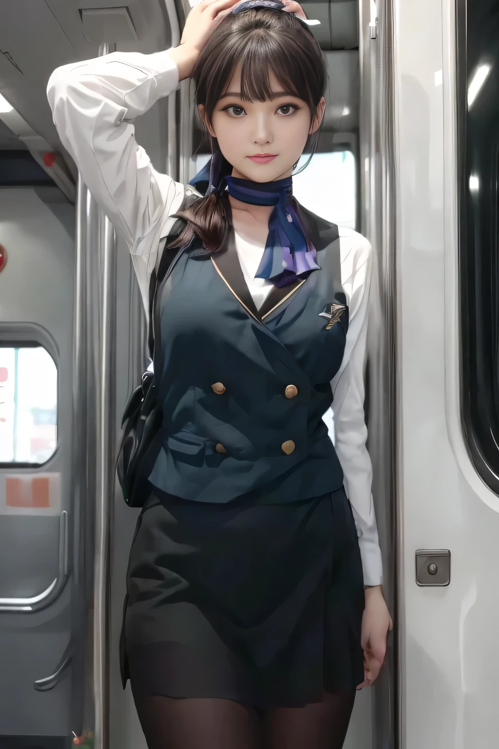 (masterpiece:1.2, Best Quality:1.2), 32K HDR,  High Resolution , (Alone、 1 girl)、（on board、 professional lighting）、In-flight background、（Nankai Train crew uniformを着たリアルスタイル）、（（ Nankai Train Crew Uniform Collarless Blouse Long Sleeve 、  Black Curled Culottes Skirt 、Scarf around the neck））、Dark brown hair、（Long Hair、Hair tied up、Hair tied up）、Dark brown hair、 LONG SHOT 、Big Breasts、Thin legs、（（Great hands：2.0）），（（ Harmonious Body Proportions：1.5）），（（Normal limbs：2.0）），（（Normal finger：2.0）），（（Delicate eyes：2.0）），（（Normal eyes：2.0））)、smile、（Nankai Train crew uniformを見せた美しい姿）、Hands clasped underneath 