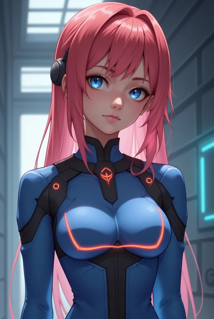 Psanime, futuristic girl in a futuristic skinsuit with led lights, red hair, blue eyes, futuristic female, using a blue mecha pilot armor, Score_9, Score_8_up, Score_7_up, Score_6_up, Score_5_up, Score_4_up, Source_anime, tag1, tag2, Best quality, High quality, Detailed, High resolution, 8k, Ultra high res, Soft saturation, Professional quality, Perfect contrast, Perfect litthing, Anatomically correct. Looking at the viewer futuristic girl in a mechapunk hangar, (work of art,  Better quality, ultra-detailed,  High resolution , 4K),(beautiful detailed eyes),(very detailed face),(1 girl),HDR,long hair