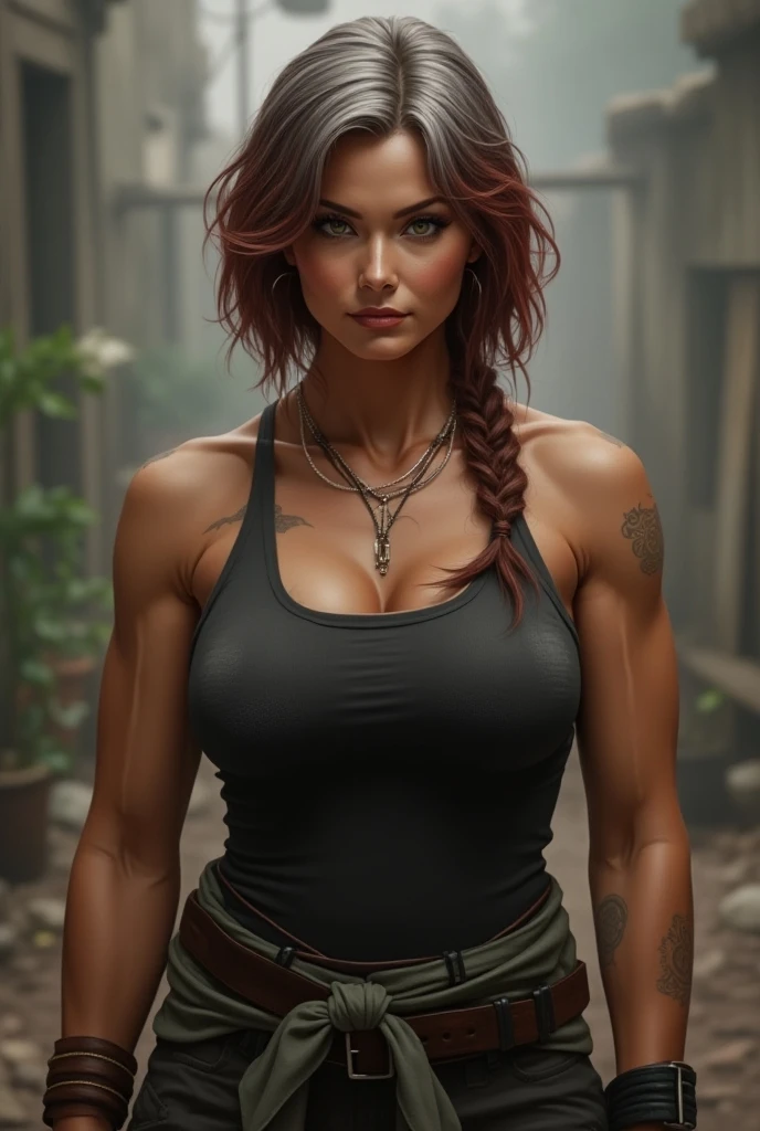 Half naked Jennifer Garner shown to have a fairly slender figure. She has red hair, she has very short hair,  Cleavage  exposed cowboy shot, carrying a sword and fighting hordes of zombies, wearing a hat,  (((no pants))), (((no panties))), dark, blurry, soft light, superior quality, many details, sharp focus, realism, ((bare breasts)), ((topless)), ((cobalt blue eyes)), (((sexy tattoos all over body))), ((defined muscles)), (red lace)