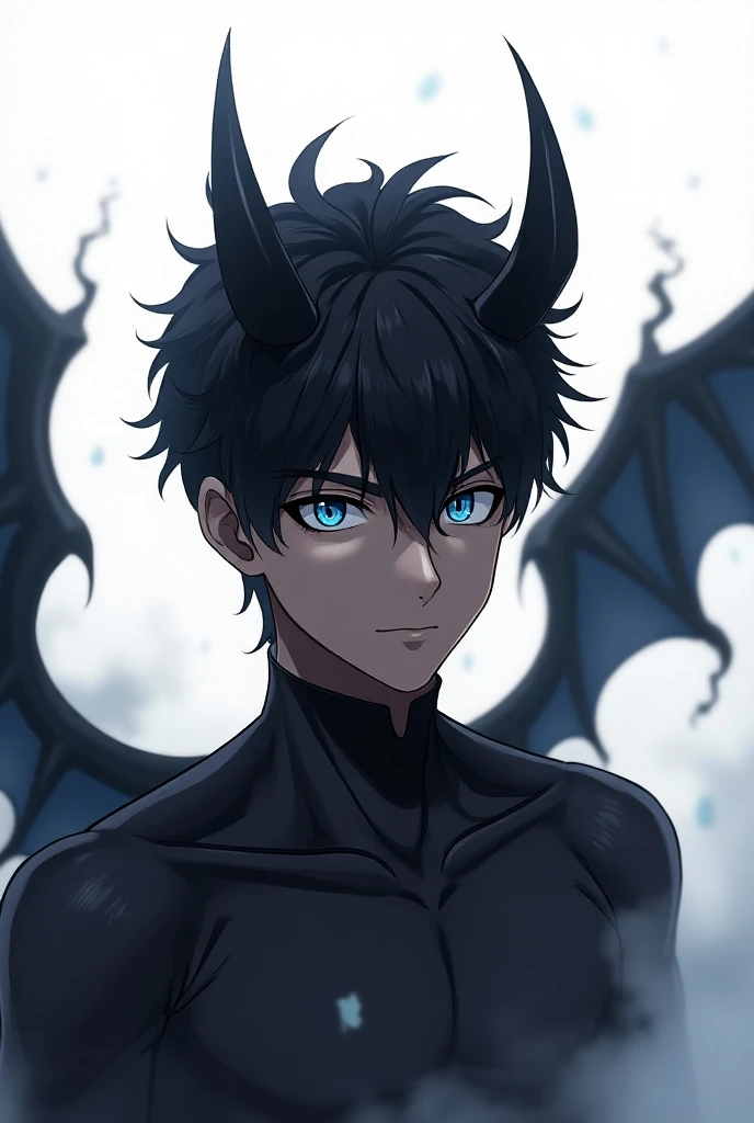 Huge muscles,Devilish wings,Devilish horns,Clear liquid dripping from penis,black costume,Huge erect penis,Ready your weapon,An angel cloaked in evil aura,The color of the face is Caucasian skin tone.,A suit with white and blue lightning bolt lines,Blue black hair with bright blue streaks,Gritting teeth to endure pain and sorrow,Lots of drooling,Clear liquid dripping from the penis