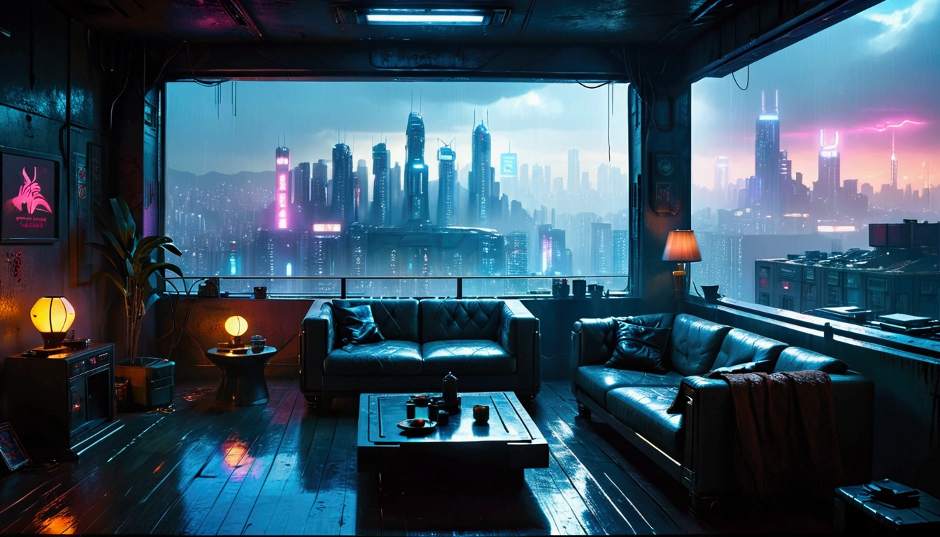  apartment there is a sofa and a table in a room with a view of a city, Cyberpunk setting, cyberpunk atmosphere, Cyberpunk dream landscape, vibes do blade runner, the cyberpunk apartment, Like a scene from Blade Runner, dirty cyberpunk city, dystopian city apartment, cyberpunk lights, Cyberpunk aesthetics, blade runner apartment, cyberpunk apartment, neon rainy Cyberpunk setting, cyberpunk climate