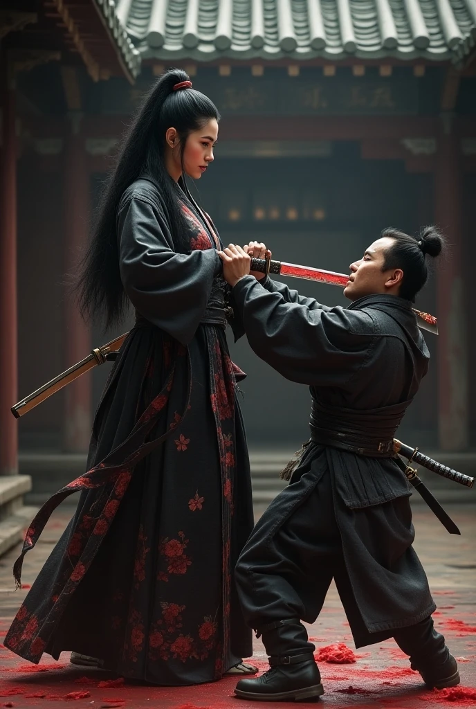Indonesia beauty woman, cutting throat a boy ninja, blood stains, blood splashed, room