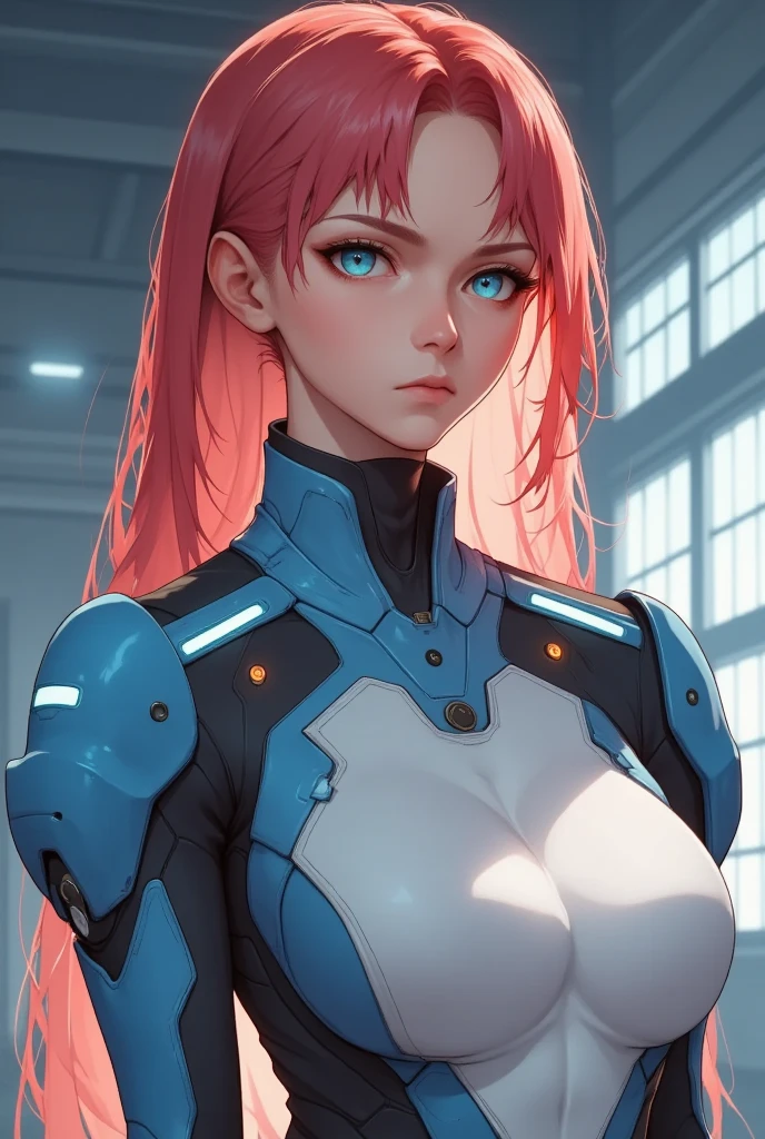 Psanime, futuristic girl in a futuristic skinsuit with led lights, red hair, blue eyes, futuristic female, using a blue mecha pilot armor, Score_9, Score_8_up, Score_7_up, Score_6_up, Score_5_up, Score_4_up, Source_anime, tag1, tag2, Best quality, High quality, Detailed, High resolution, 8k, Ultra high res, Soft saturation, Professional quality, Perfect contrast, Perfect litthing, Anatomically correct. Looking at the viewer futuristic girl in a mechapunk hangar, (work of art,  Better quality, ultra-detailed,  High resolution , 4K),(beautiful detailed eyes),(very detailed face),(1 girl),HDR,long hair