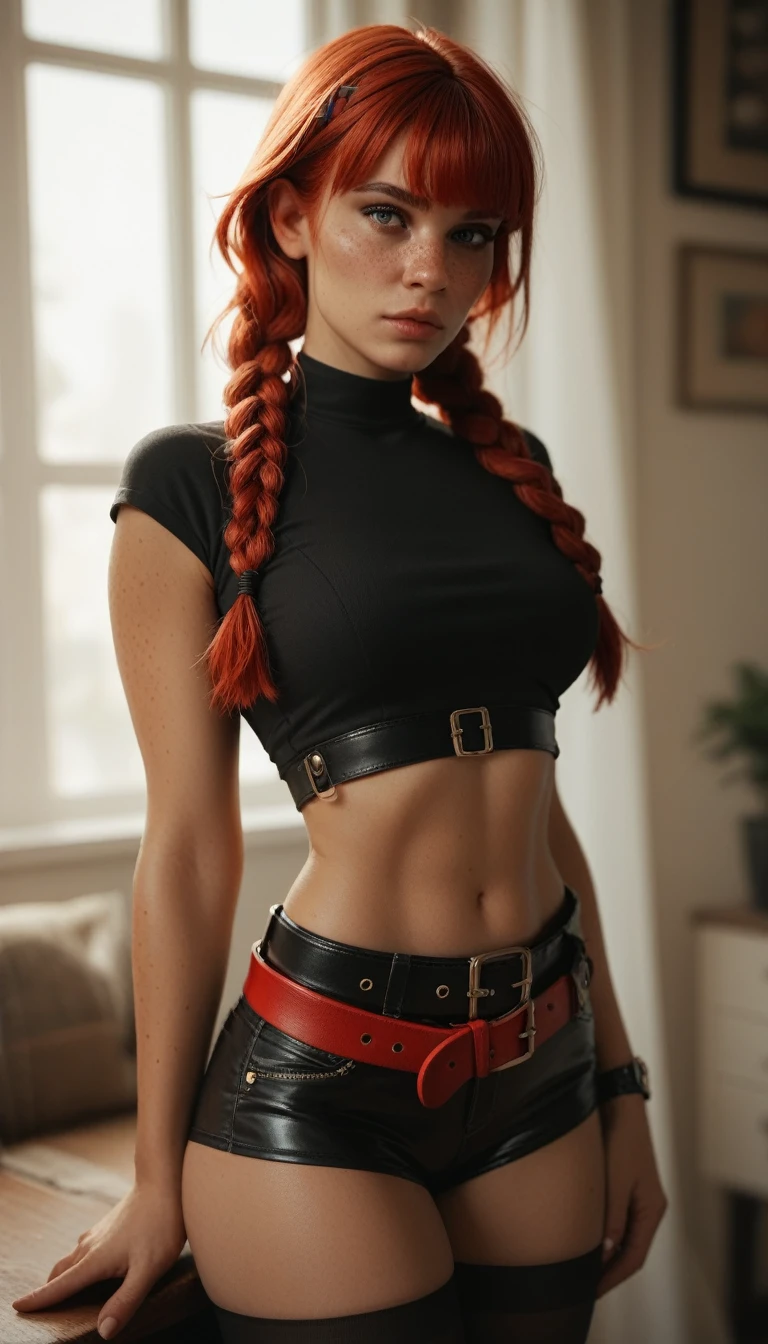 check_9, check_8_up, check_7_up,  black girl with red hair and freckles, braids and bangs ,  in a tight crop top ,  black stockings and belt .