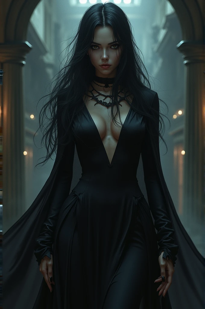 Nyxara is an imposing figure, Tall and slender, with a dark and penetrating beauty. Her moon-pale skin contrasts with her jet-black hair., that cascades down her back like an ebony river. his eyes, the color of the deepest night, They shine with an intensity that can both fascinate and frighten.. Despite its beauty, Nyxara exudes an aura of power and mystery that makes her intimidating.. His personality is complex and enigmatic, Combining ruthless cruelty with deep wisdom and innate understanding with a soul made of shadow