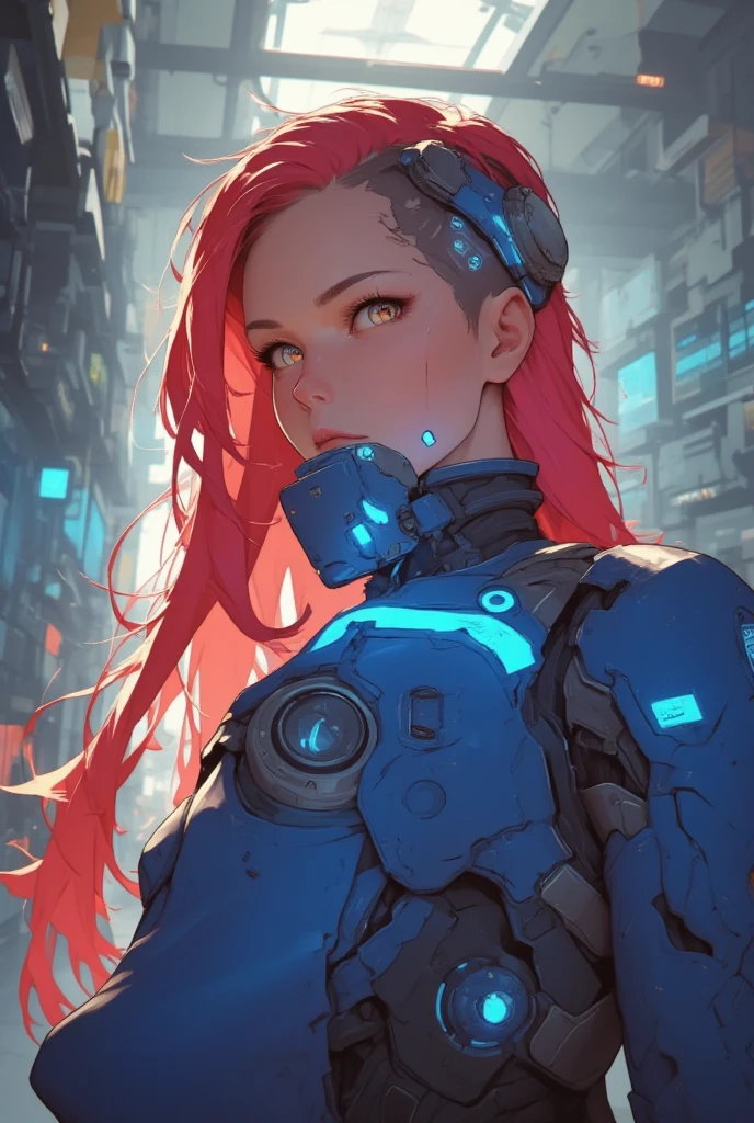 cyberpunk anime, Psanime, futuristic girl in a futuristic skinsuit with led lights, red hair, blue eyes, futuristic female, using a blue mecha pilot armor, Score_9, Score_8_up, Score_7_up, Score_6_up, Score_5_up, Score_4_up, Source_anime, tag1, tag2, Best quality, High quality, Detailed, High resolution, 8k, Ultra high res, Soft saturation, Professional quality, Perfect contrast, Perfect litthing, Anatomically correct. Looking at the viewer futuristic girl in a mechapunk hangar, (work of art,  Better quality, ultra-detailed,  High resolution , 4K),(beautiful detailed eyes),(very detailed face),(1 girl),HDR,long hair