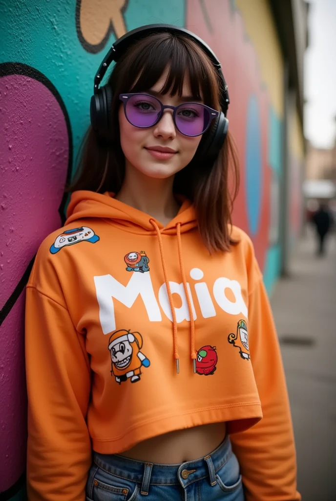 The image is a high-resolution photograph featuring a young woman named maia standing in an urban setting adorned with vibrant graffiti. She is positioned slightly to the left of center, leaning against a textured, brightly painted wall. The wall is a vibrant mix of colors including turquoise, magenta, red, and yellow, with bold, abstract shapes and characters in various styles. 

The woman has a fair complexion and straight, dark brown hair with bangs. She is wearing large, round, purple-tinted glasses that reflect the colorful surroundings. Her outfit is an orange hoodie with a large, bold, white text design that reads "Maia" in a playful, cartoonish font. The hoodie is adorned with whimsical, cartoon-like illustrations of various video game characters and items

She is also wearing black over-ear headphones, which add a modern, tech-savvy touch to her outfit. Her expression is neutral, with a slight hint of a smile. The ground beneath her is a concrete pathway, and the overall atmosphere of the image is urban and eclectic, with a strong emphasis on street art and contemporary fashion.