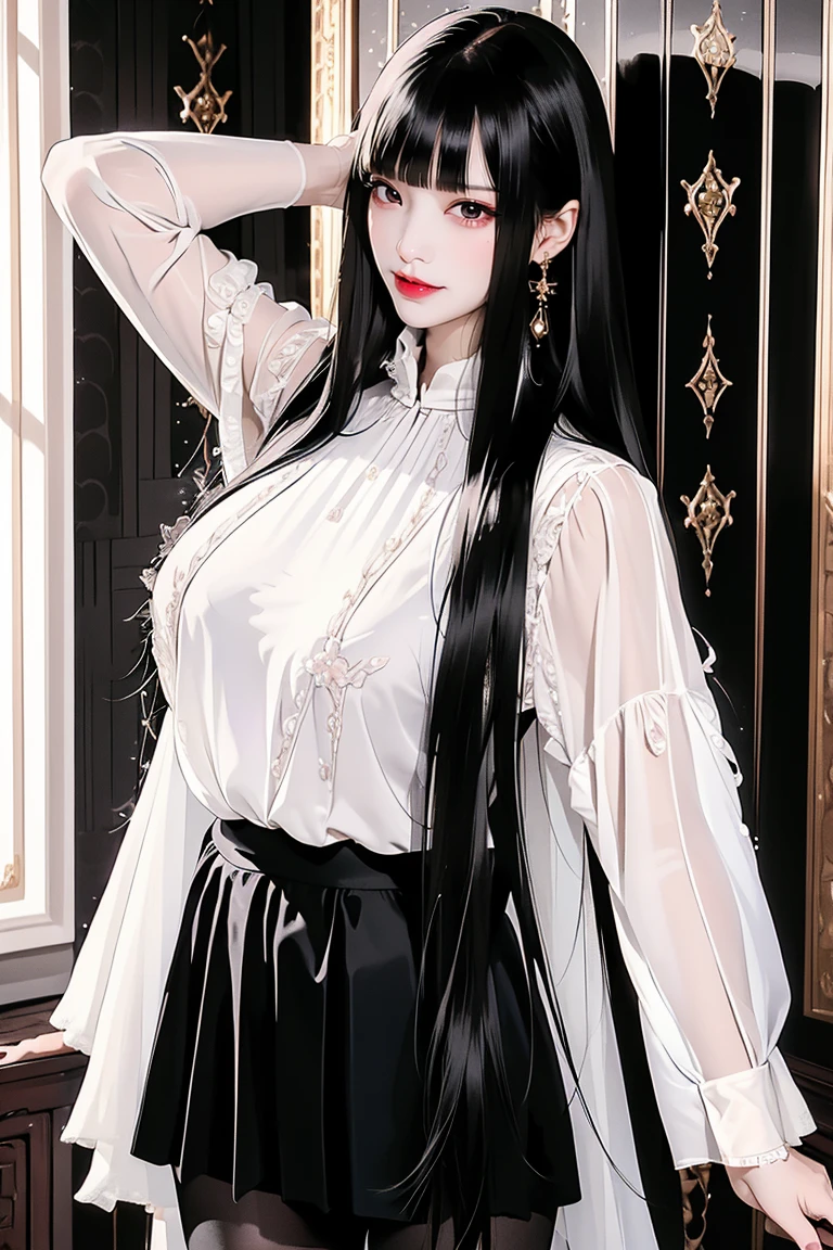 1girl, the boss of the company, long black wavy hair and gray eyes, tall, thin, sexy, contempt and arrogant and elegant, behind her from the 21st century there is a window showing the various buildings of the city sleeveless ((black lingerie)), one with long hair, the other short one behind the woman who creates one There are windows showing various buildings in the city (absurdity, High resolution, super detail), Gefax employee, one with long hair, one with short women, ((white sheer blouse, black miniskirt)), underwear bite, sexy pose, lower body slender, back figure, gaze by the window, buttocks sticking out, on all fours, buttocks facing away, provocative