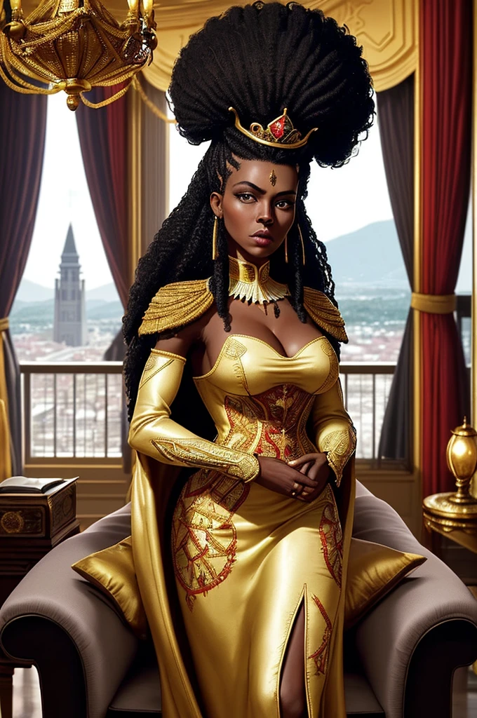 a beautiful black african princess, detailed face, full body shot, afrofuturistic, afro futurism, intricate detailed dress, regal jewelry, glowing skin, striking eyes, lush environment, dramatic lighting, high quality, photorealistic, 8k, HDR, cinematic composition