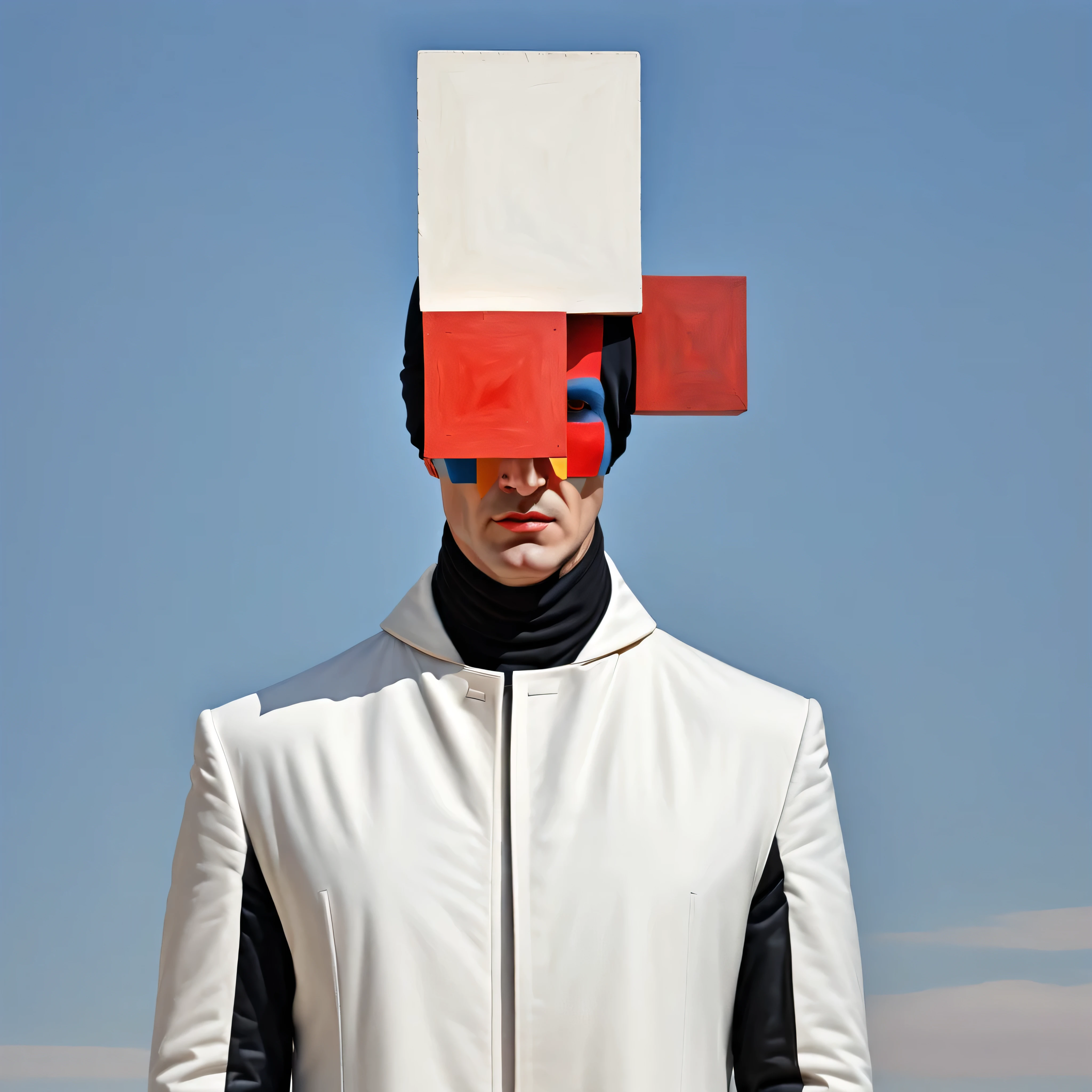 Cubist artwork in the style of kazimir malevich,kazimir malevich style,kazimir malevich art,kazimir malevich,a man in a white coat with a red square on his head, frank moth, inspired by Ivan Generali, sergey kolesov, inspired by Kazimir Malevich, inspired by Malevich, abstract surrealism masterpiece, abstract surrealism, by maxim verehin, inspired by maxim verehin, hooded figure surreal, a contemporary artistic collage . Geometric shapes, abstract, innovative, revolutionary