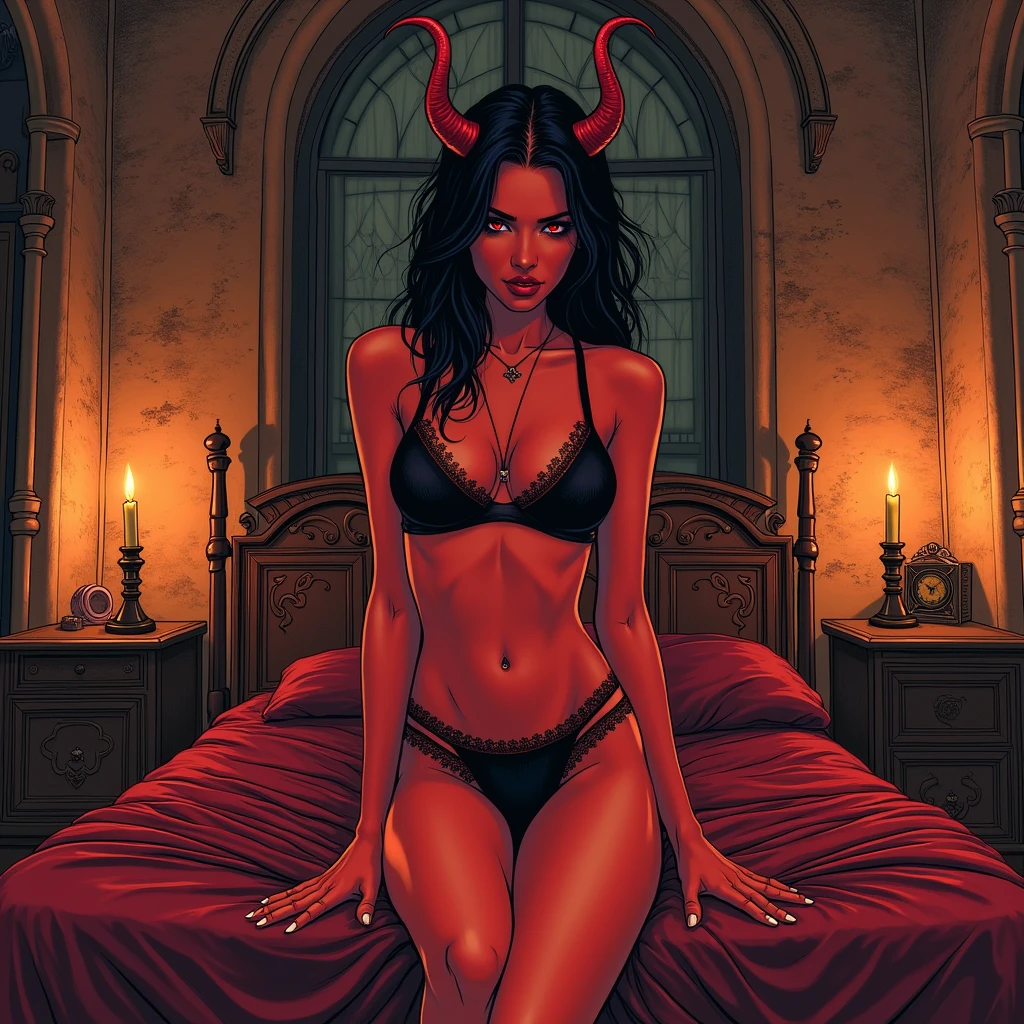 1girl, female, solo, tiefling, ((red skin, red colored skin, deep red skin)), Woman, jewelery, ear piercings, (straight black horns, black oni horns), black hair, long hair, yellow eyes, black lips, choker, goth, horn ornament, ((master piece, best quality)), horns, pointed ears, make-up, black lipstick, (face detailed), face focus, portrait, fully body, (naked:1.2), natural breasts, medium breasts, (red skin), nipples, vagina, anus, legs spread open, seductive smirk, explicit content, NSFW, laying down, laying on bed, in bedroom