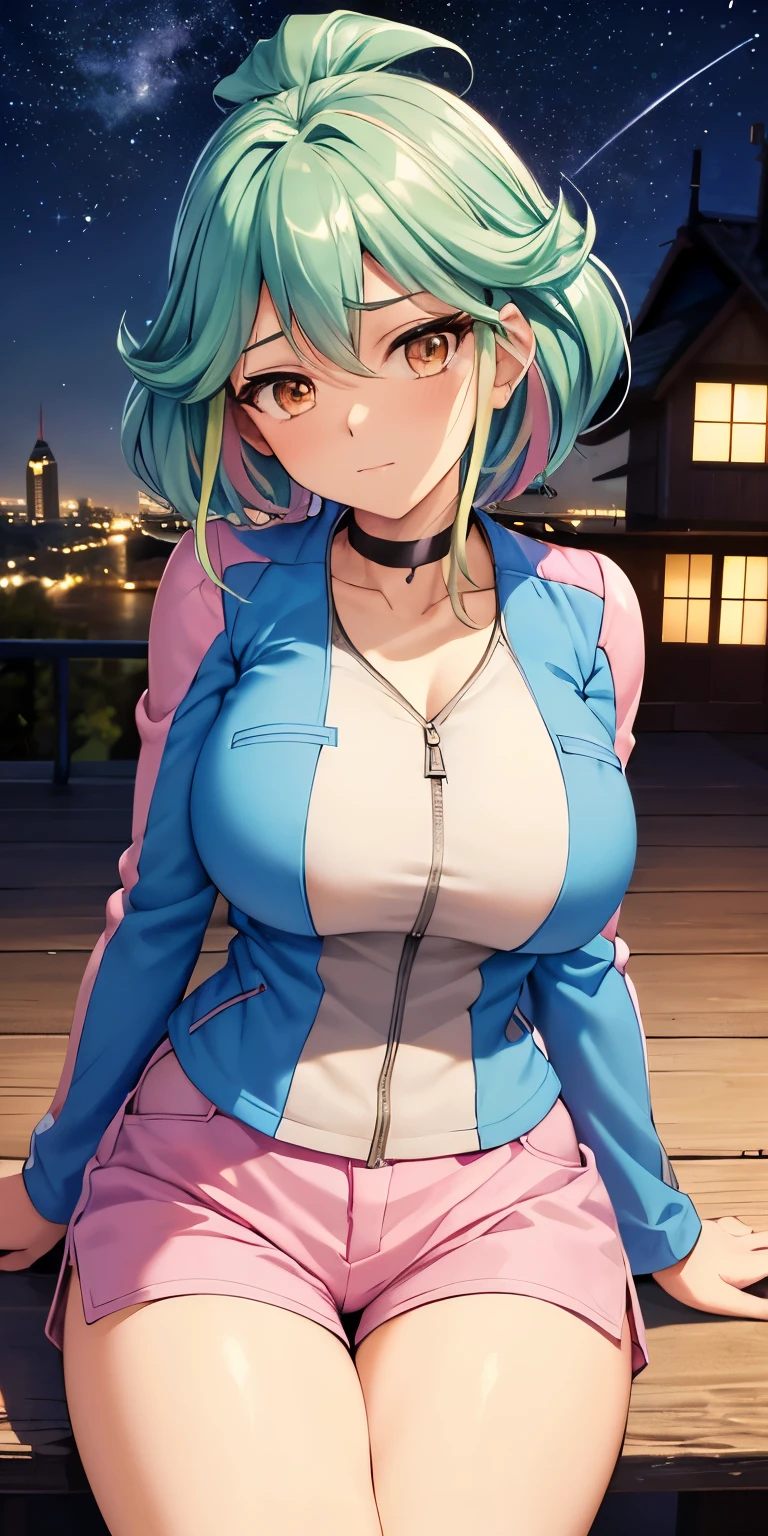 1 Female,High definition,high resolution,Ultra-realistic,8K, yu-gi-oh! arc-v, rin_arc_v, 1girl, (large breasts, medium breasts:1.2), (wide hips:1.2), (blue jacket, long sleeves:1.2), (pink shorts, short shorts:1.3), black choker, barefoot, (cowboy shot:1.2), (wariza:1.2),European,sexy,Upper body close-up,Photographed from the front,Dynamic Angles,private teacher,blush, medium tits ,outdoors, moonlight, dark sky, buildings,full body,4k, ultra high definition, perfect face, detailed face , sitting ,(pov, closed shot:1.2),  thinking , shooting star ,wide thighs , multicolored hair 