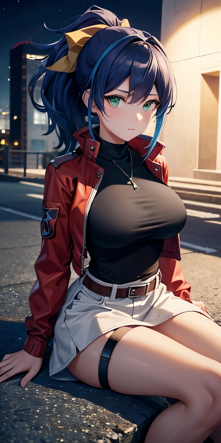 1 Female,High definition,high resolution,Ultra-realistic,8K, aaserena, ponytail,(multicolored hair),green eyes,red jacket,black shirt,belt,white skirt, tight skirt, miniskirt,European,sexy,Upper body close-up,Photographed from the front,Dynamic Angles,private teacher,blush, medium tits ,outdoors, moonlight, dark sky, buildings,full body,4k, ultra high definition, perfect face, detailed face , sitting 