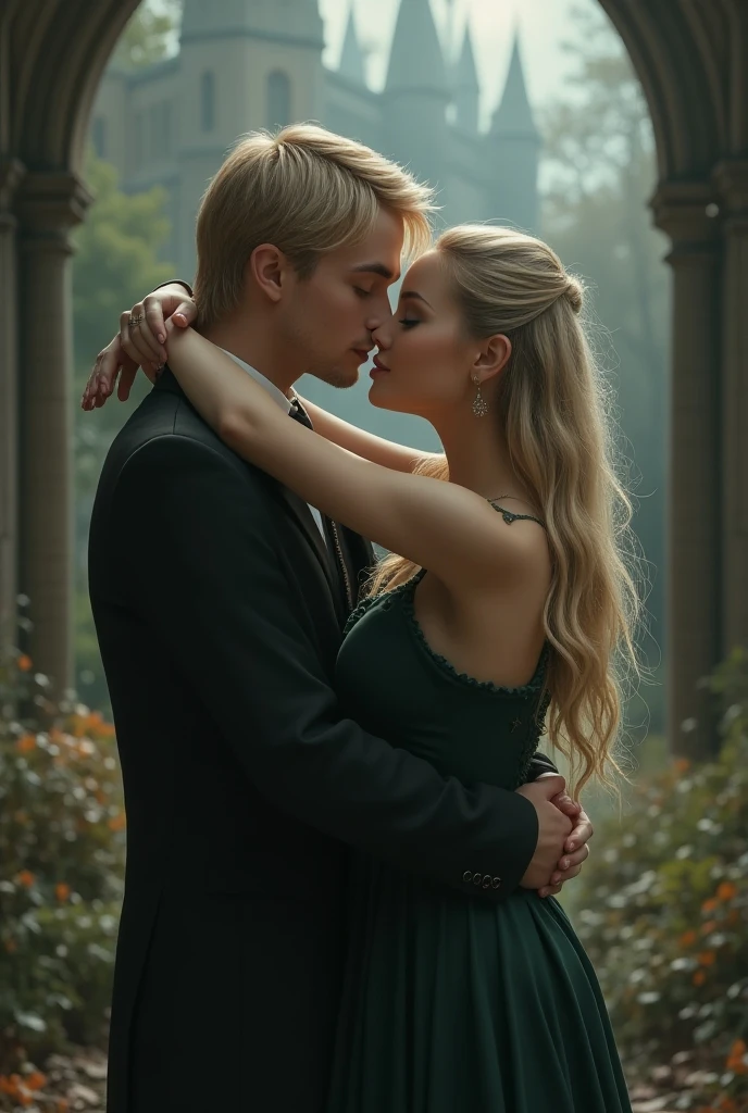 Romantic scene of couple kissing in the park, leaning against a tree, um homem ((30 anos,pele parda, com cavanhaque, cabelo raspado)) e mulher ((americana, 25 anos, pale skin and freckles, olhos cinzas, nariz delicado, soft and delicate lips, cabelo blondie cinza longo e ondulado)), ultrarrealista HD fotorrealista altamente renderizado, luz natural do dia, Fuji Camera