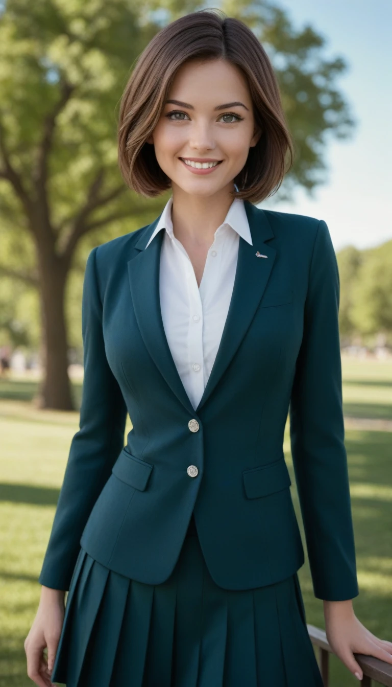 score_9, score_8_up, score_7_up, realistic, 3D, brown hair, short hair, straight hair, green eyes, tsurime eyes, smile, medium breasts, gray pleated skirt, white collared shirt, red ribbon, blue blazer, standing, cowboy shot, outdoors, park, trees, high res image, masterpiece, best quality, cute face, clear skin, shiny hair, ultra detailed eyes, (girl:1.0)