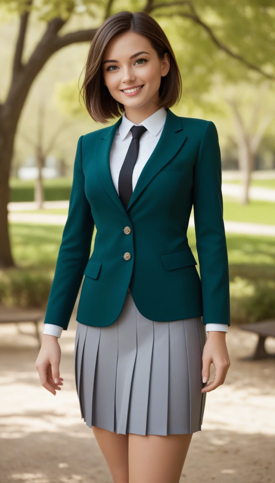 score_9, score_8_up, score_7_up, realistic, 3D, brown hair, short hair, straight hair, green eyes, tsurime eyes, smile, medium breasts, gray pleated skirt, white collared shirt, red ribbon, blue blazer, standing, cowboy shot, outdoors, park, trees, high res image, masterpiece, best quality, cute face, clear skin, shiny hair, ultra detailed eyes, (girl:1.0)