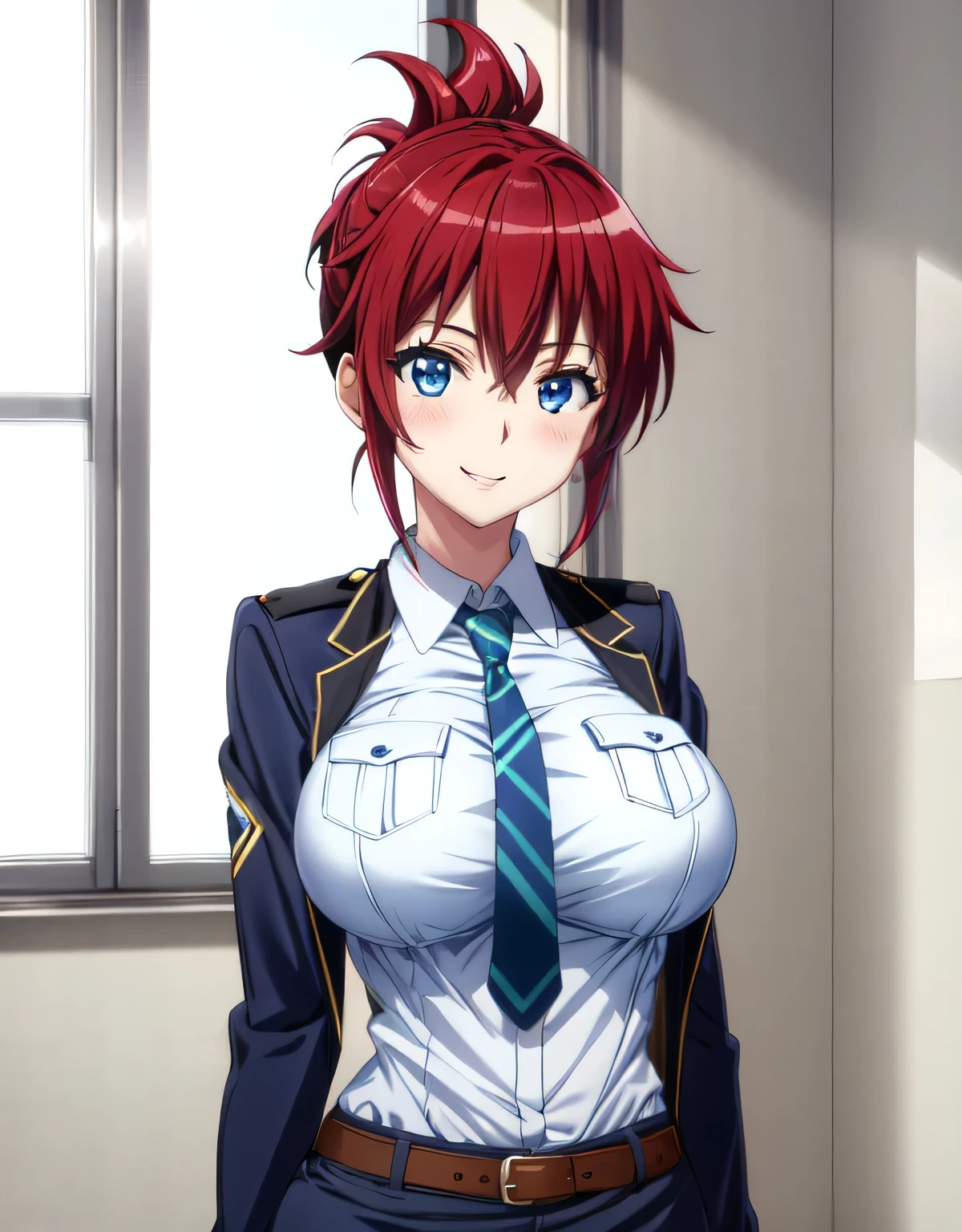 sakurai aoi rw,smile,(blue eyes),red hair,medium hair,folded ponytail,(open clothes:1.2),police uniform,blue jacket,collared shirt,green necktie,pencil skirt,blue skirt,belt,indoor arena,(large breasts:1.55),(shiny,hair),((solo)),((masterpiece)),((best quality)),perfect anatomy,slim waist,perfect image,8k UHD,(beautiful detailed eyes:1.5),extremely detailed face,standing,(upper body:1.2),(look at the front:1.5),arms behindback,ultra-detailed,absurdres,ultra-highres,lips,blush,