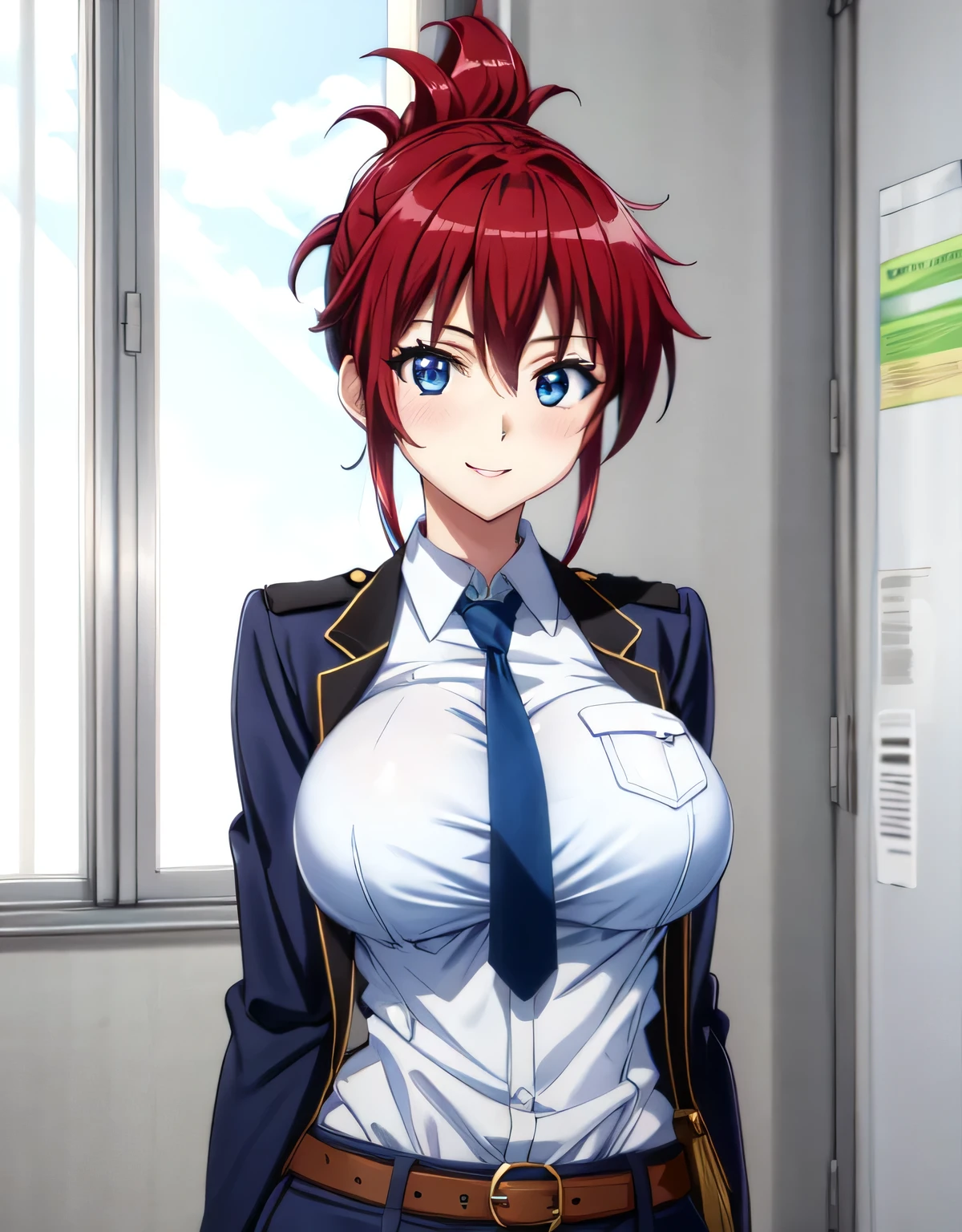 sakurai aoi rw,smile,(blue eyes),red hair,medium hair,folded ponytail,(open clothes:1.2),police uniform,blue jacket,collared shirt,green necktie,pencil skirt,blue skirt,belt,indoor arena,(large breasts:1.55),(shiny,hair),((solo)),((masterpiece)),((best quality)),perfect anatomy,slim waist,perfect image,8k UHD,(beautiful detailed eyes:1.5),extremely detailed face,standing,(upper body:1.2),(look at the front:1.5),arms behindback,ultra-detailed,absurdres,ultra-highres,lips,blush,