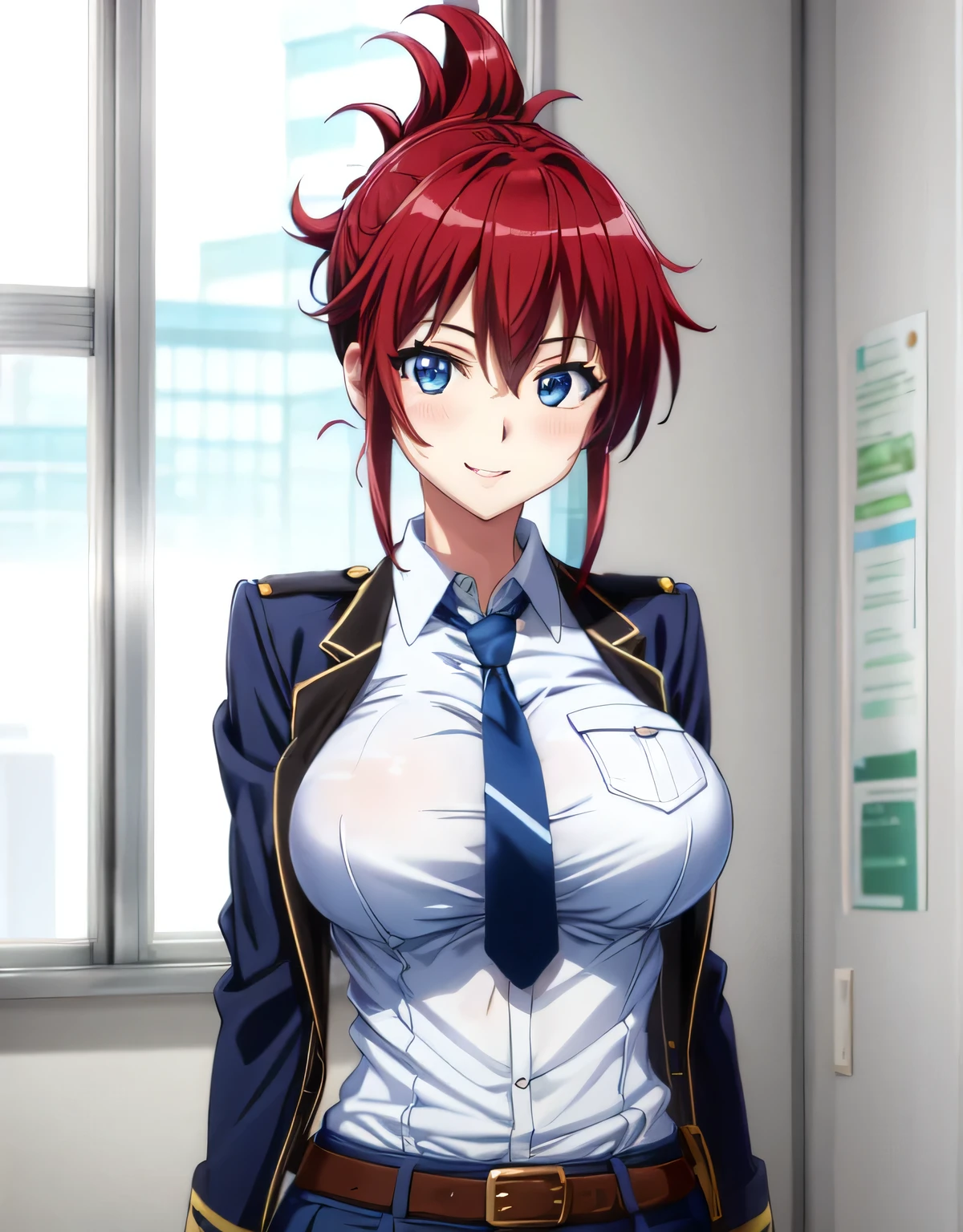 sakurai aoi rw,smile,(blue eyes),red hair,medium hair,folded ponytail,(open clothes:1.2),police uniform,blue jacket,collared shirt,green necktie,pencil skirt,blue skirt,belt,indoor arena,(large breasts:1.55),(shiny,hair),((solo)),((masterpiece)),((best quality)),perfect anatomy,slim waist,perfect image,8k UHD,(beautiful detailed eyes:1.5),extremely detailed face,standing,(upper body:1.2),(look at the front:1.5),arms behindback,ultra-detailed,absurdres,ultra-highres,lips,blush,