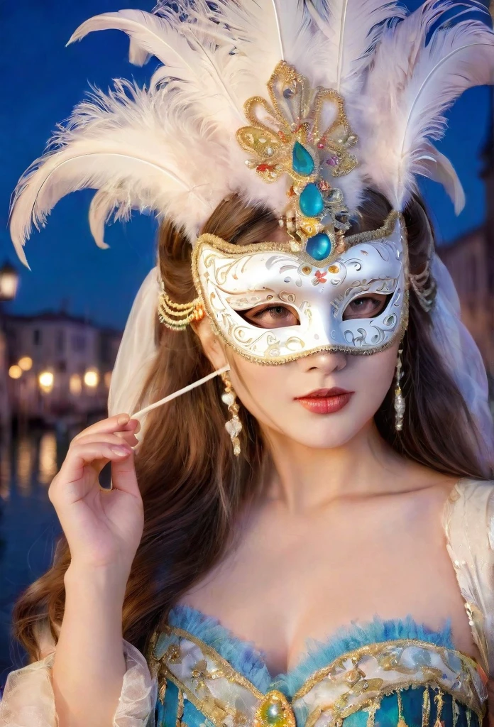 (A girl is wearing a traditional Venetian mask),(Best Quality,High resolution),Detailed face,Beautifully decorated mask,Colorful feathers,Superior Craftsmanship,Gorgeous patterns,Shining Jewels,Mysterious atmosphere,Artistic depiction,Soft lighting,Vibrant colors,Venice Carnival,Classic beauty,Traditional attire,Luxury Fabric,Elaborate headdress,Masquerade,Vibrant atmosphere,Graceful posture,Lots of movement,Celebration and excitement,Historical background,Romantic canal,Reflection on the surface of the water,Gondolas passing by,Elegant architecture,Moonlit Night,fascinating feeling,Masks worn by nobles,Whispered Secrets,Mysterious charm,Unique and captivating visuals.