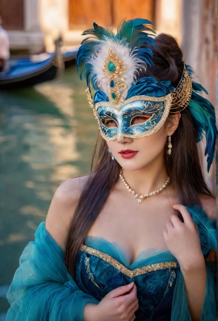 (A girl is wearing a traditional Venetian mask),(Best Quality,High resolution),Detailed face,Beautifully decorated mask,Colorful feathers,Superior Craftsmanship,Gorgeous patterns,Shining Jewels,Mysterious atmosphere,Artistic depiction,Soft lighting,Vibrant colors,Venice Carnival,Classic beauty,Traditional attire,Luxury Fabric,Elaborate headdress,Masquerade,Vibrant atmosphere,Graceful posture,Lots of movement,Celebration and excitement,Historical background,Romantic canal,Reflection on the surface of the water,Gondolas passing by,Elegant architecture,Moonlit Night,fascinating feeling,Masks worn by nobles,Whispered Secrets,Mysterious charm,Unique and captivating visuals.