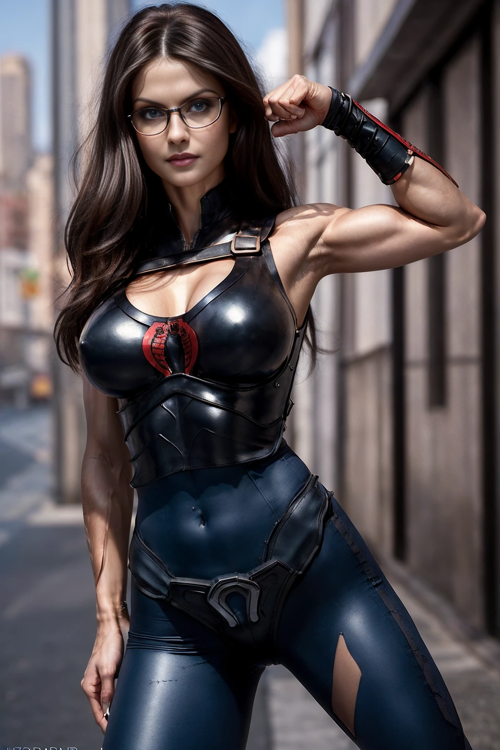 Stunning, (flexing bicep pose:1.4), (Alexandra Daddario), long flowing black hair, blue eyes, seductively smiling, flirtatious, abs, full length body, (Ultra Realistic:1.4), Photorealism, Photography, 8K UHD, Photo, HDR, Highly Detailed, Sharp Focus, Stunning, Beautiful, (Gorgeous: 1.2), Best Quality 1:1, Ultra Detail: 1.4, Best Shadows, (8k: 1.1), (beautiful detailed face), high contrast, (perfect lighting: 1.2), colorful, hyper-detail, dramatic light, intricate detail, glamorous, (realistic, photo-realistic:1.37),(8k, RAW photo, best quality, masterpiece:1.4), baroness, (ultra detailed skin:1.4), skin pores, textured skin, (Hair texture realistic effect:1.4), High dynamic range, vivid, rich details, clear shadows and highlights, realistic, intense, enhanced contrast, highly detailed, glasses, (cleavage), (big blue eyes), sleeveless 