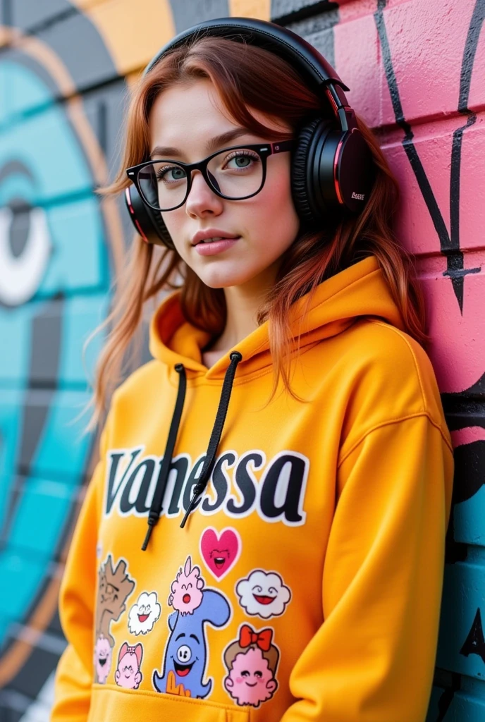 This is a highly detailed, hyper-realistic photograph of a young woman named vanessa with light skin and wavy, light brown hair with red highlights. She is leaning against a vibrant, graffiti-covered brick wall painted in shades of blue, pink, and yellow. The woman is wearing large, black over-ear headphones with a Bose logo on the left earpiece. Her eyes are covered by thick rimmed glasses, and she has a neutral expression on her face. She is dressed in a bright orange yellow hoodie with a playful, cartoonish print featuring various characters in different colors, including blue, pink, and red. The hoodie's front has the bold text "Vanessa" in black and red, with a pink heart and a cartoonish character with a wide smile. The background graffiti adds a dynamic and urban feel to the image, contrasting with the vibrant colors of the hoodie. The textures of the hoodie's fabric and the roughness of the brick wall are clearly visible, adding depth and realism to the photograph. The overall style of the image is contemporary and edgy, capturing a modern, street-style aesthetic.