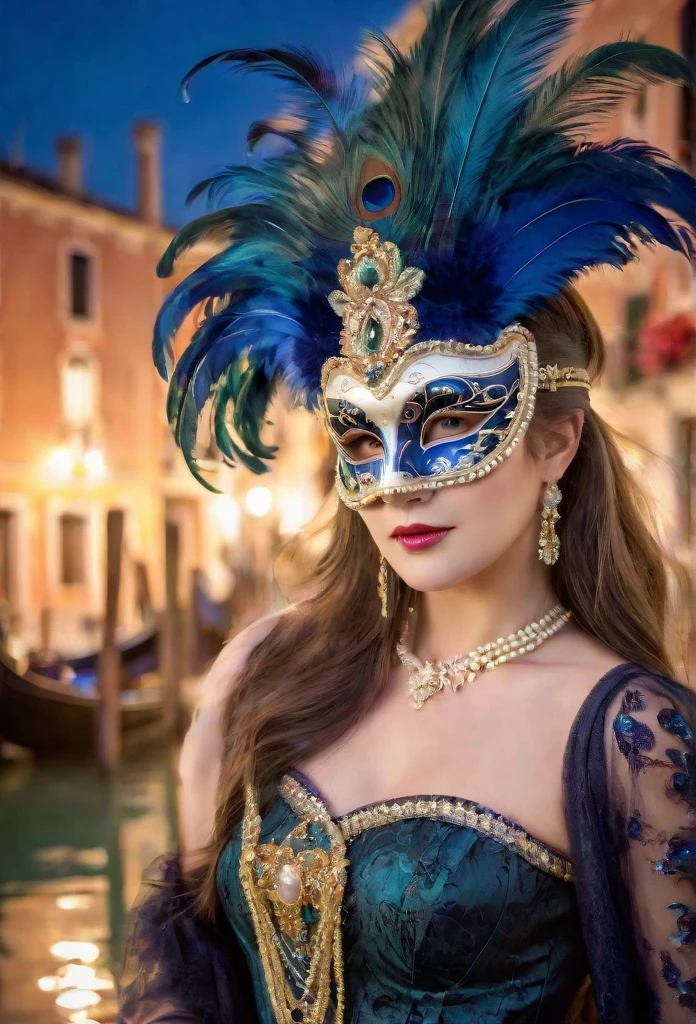 (A girl is wearing a traditional Venetian mask),(Best Quality,High resolution),Detailed face,Beautifully decorated mask,Colorful feathers,Superior Craftsmanship,Gorgeous patterns,Shining Jewels,Mysterious atmosphere,Artistic depiction,Soft lighting,Vibrant colors,Venice Carnival,Classic beauty,Traditional attire,Luxury Fabric,Elaborate headdress,Masquerade,Vibrant atmosphere,Graceful posture,Lots of movement,Celebration and excitement,Historical background,Romantic canal,Reflection on the surface of the water,Gondolas passing by,Elegant architecture,Moonlit Night,fascinating feeling,Masks worn by nobles,Whispered Secrets,Mysterious charm,Unique and captivating visuals.