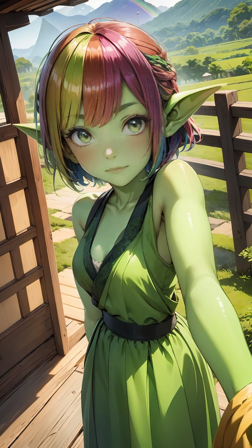 1 girl, short hair, green goblin girl, green skin, small pointy ears, ((rainbow hair)), wearing thin sundress outside on a spring day in rural japan, taking a selfie, selfie