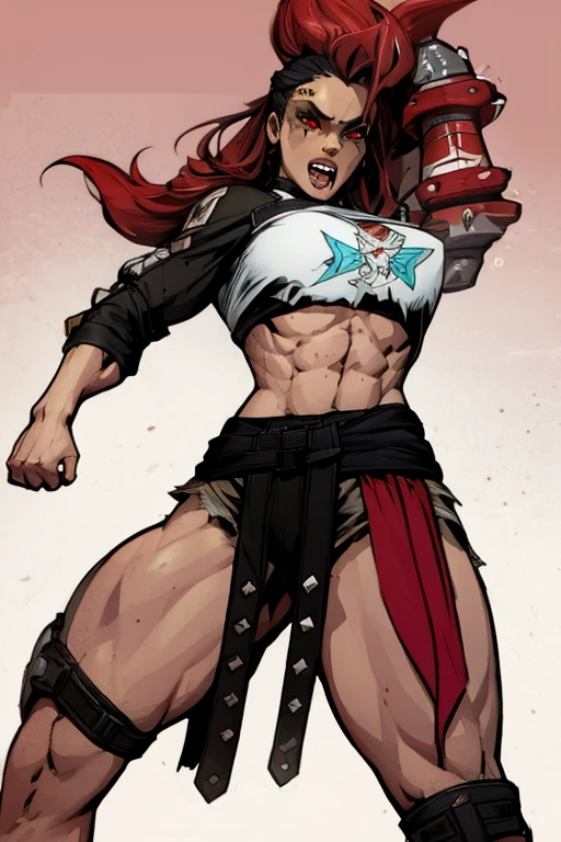 full body standing looking to the camera, funger, very detailed illustration, 1girl, big breasts, high res high quality, masterpiece, looking at viewer (knight) orange hair, absurdness, ultra-detailed, short hair, black bikini, abs, big knockers, tatter rags, chain collar, stomach tattoo (red tattoo)
