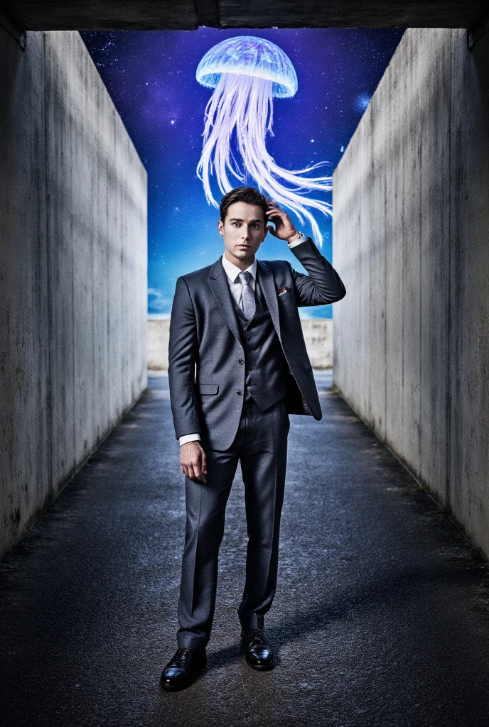 portrait photography of a young man as a ((warlock)) with ((finger waves hair)) wearing a (necklace),  dressed in gray business suit,  white shirt,  tie,  dress shoes,  concrete structure,  underpass,  soft shadows,  daylight,  head tilted,  hand in hair,  looking at camera,  slight smile,  centered subject,  medium close-up,  frontal angle,  eye-level perspective,  inside the belly of a gigantic jellyfish floating in space,  colors,  Tarot Card style,  (solo focus,  one frame),  (back view:1.3),  shot on Nikon D850 with Nikkor 50mm f-1.8,  photo by Laurent Baheux 