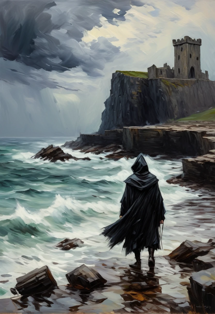  Draw a dark landscape , damn dick , Pidor, brute,  fell filthy ,  maybe at least you can draw a landscape ,  the gloomy landscape of the rocky seashore during a storm,  and the ruins of a gloomy castle rise above the cliffs , in the foreground with its back to the viewer is a dark figure in fluttering clothes, crying with a hood covers this figure  (((oil painting:1.5))), (((impressionism:1.4))), masterpiece