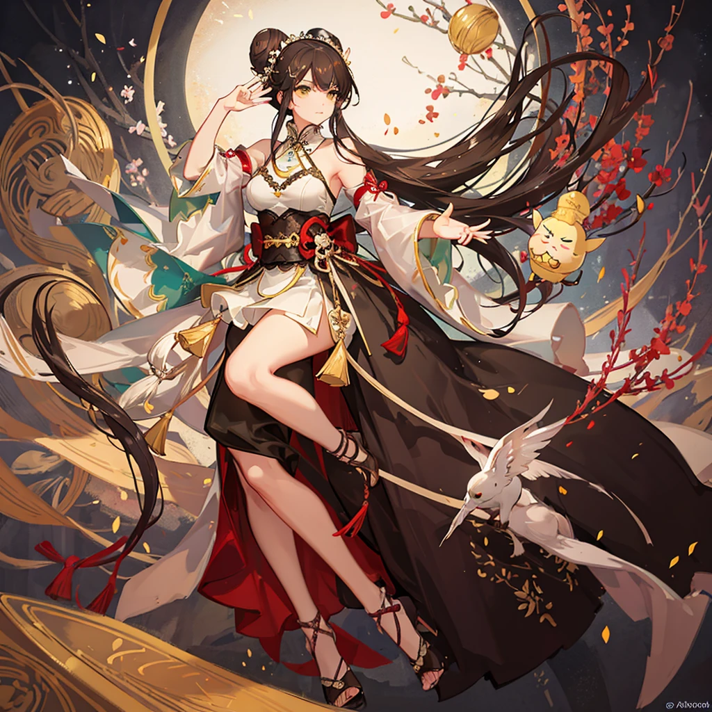 Official Art, Unity 8k Wallpaper, Ultra Detailed, Beautiful and Aesthetic, Beautiful, Masterpiece, Best Quality, (Zentangle, Mandala, Tangles, Entangles), (Flower Ecstasy: 1.2) Dynamic angle, cowboyshot, the most beautiful chaotic form, elegant, bright colors, romanticism, atmosphere, Chinese style, mature woman, big sister, royal sister, beauty, Hanfu, umbrella, flying petals, intellectual, black silk long legs, 36D big breasts, black flowing long hair, red eyes, realistic painting style, beauty under the moon, night