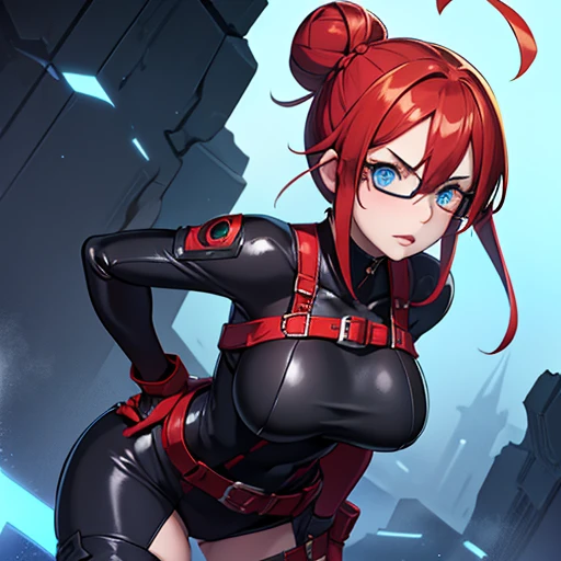 1girl,solo,girl wide hips, girl, blue eyes, hair ornament, ahoge,,Ghastly, large goggles, red hair ,blue eyes, hair bun, lips, black elbow gloves, red bodysuit, black thigh boots, belt,Facial expression