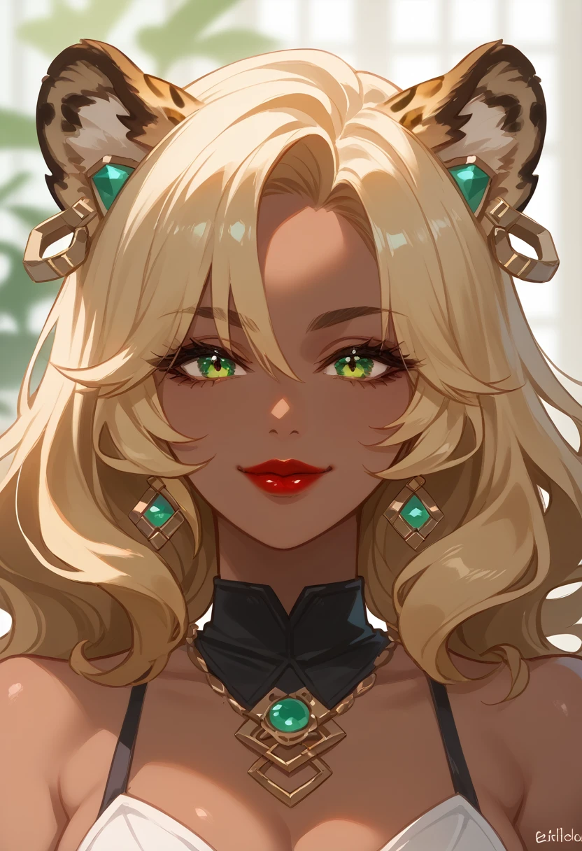 xilonen-gi, green eyes,blonde hair,animal ears,leopard girl, dark-skinned female, looking at viewer, red lips, smile, solo, upper body