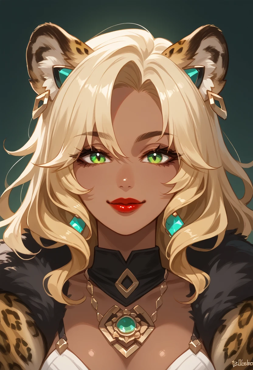 xilonen-gi, green eyes,blonde hair,animal ears,leopard girl, dark-skinned female, looking at viewer, red lips, smile, solo, upper body