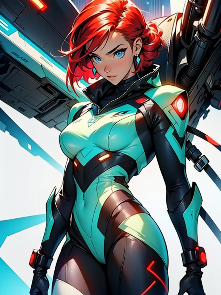 perfect face, short hair, facial features and detail, white background, show full body, full clothing, hair, cyberpunk anime, psanime, futuristic girl in a futuristic skinsuit with led lights, red hair, blue eyes, futuristic female, using a blue mecha pilot armor, Score_9, Score_8_up, Score_7_up, Score_6_up, Score_5_up, Score_4_up, Source_anime, Tag1, Tag2, Best quality, High quality, Detailed, High resolution, 8k, Ultra high res, Soft saturation, Professional quality, Perfect contrast, Perfect litthing, Anatomically correct. Olhando para o visualizador futuristic girl in a mechapunk hangar, (obra de arte, melhor qualidade, Ultra-detalhado, alta resolução, 4K),(lindos olhos detalhados),(rosto muito detalhado),(1 garota),HDR,cabelo longo