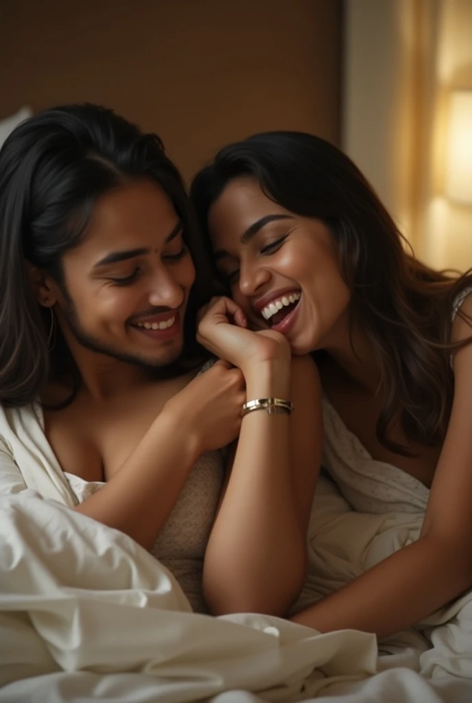Selfie photo of Indian young  straight couple. Male is wearing White vest and shorts. Female is curvy white fair skin tone, Big breast.,Wearing kerala pink nighty maxi and in kerala middle-class bedroom.realistic image. Selfie photo.top view