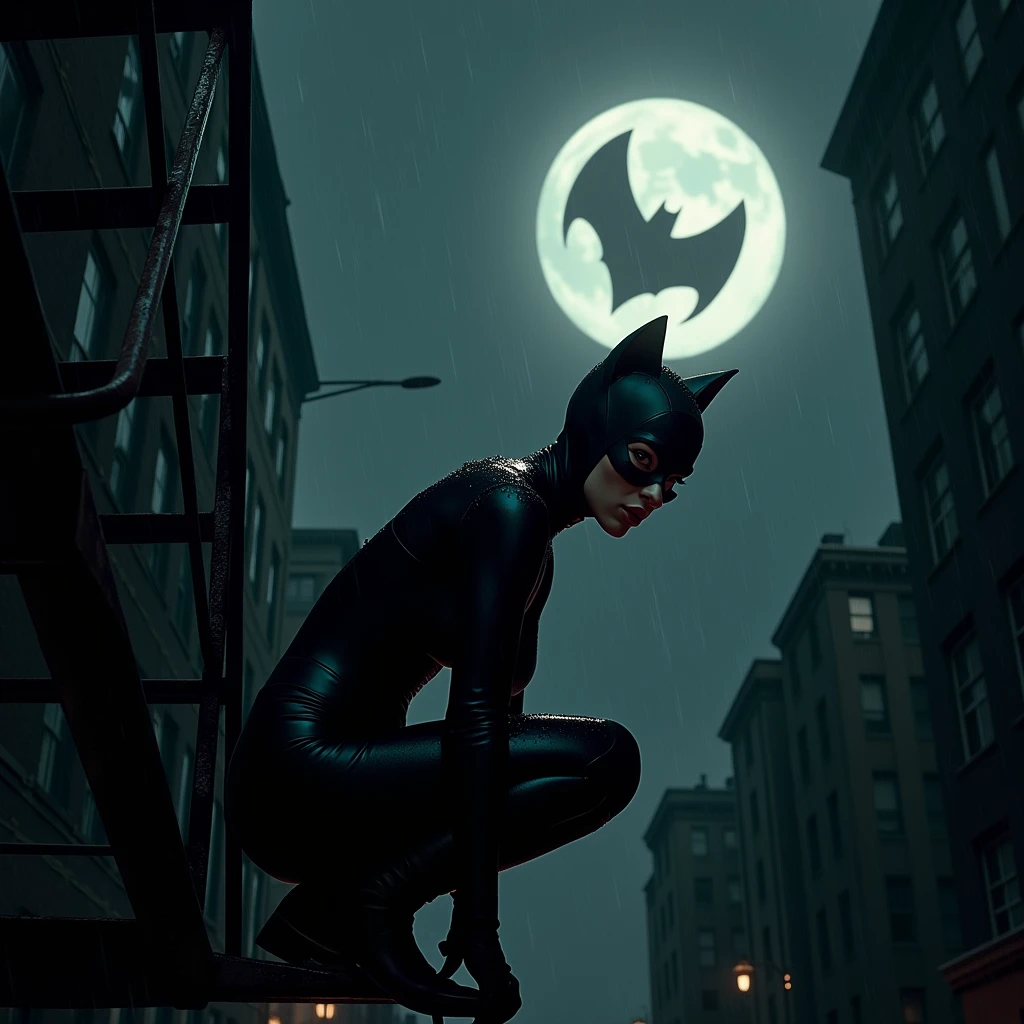 Aubrey Plaza as Catwoman on a fire escape on a dark, moonlit rainy night in a dynamic action pose crouching on 3 points and looking towards the Bat symbol in the sky